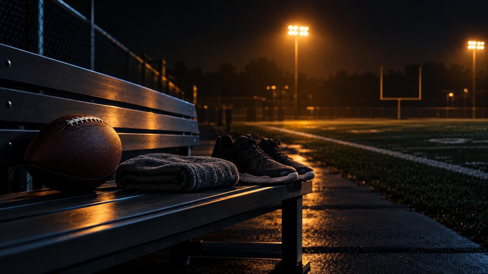 Football, Trainingsschuhe und Handtuch auf einer Bank am dunklen Trainingsfeld