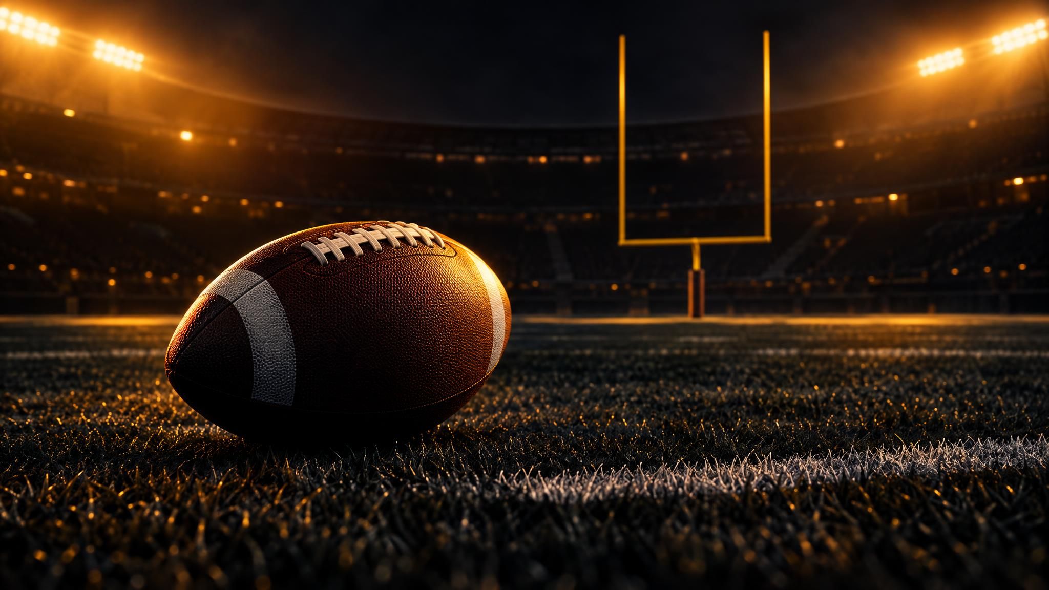 American Football auf dunklem Rasen vor beleuchteten Torpfosten