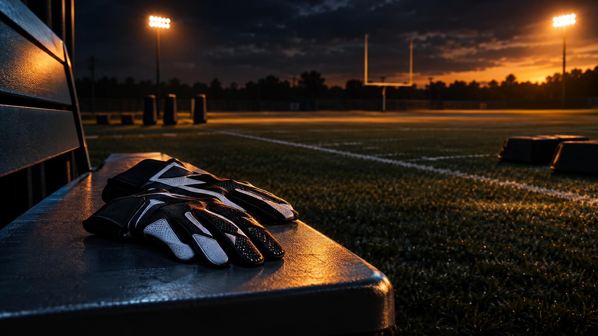 Receiver-Handschuhe auf einer Bank vor einem leeren Football-Feld im Flutlicht