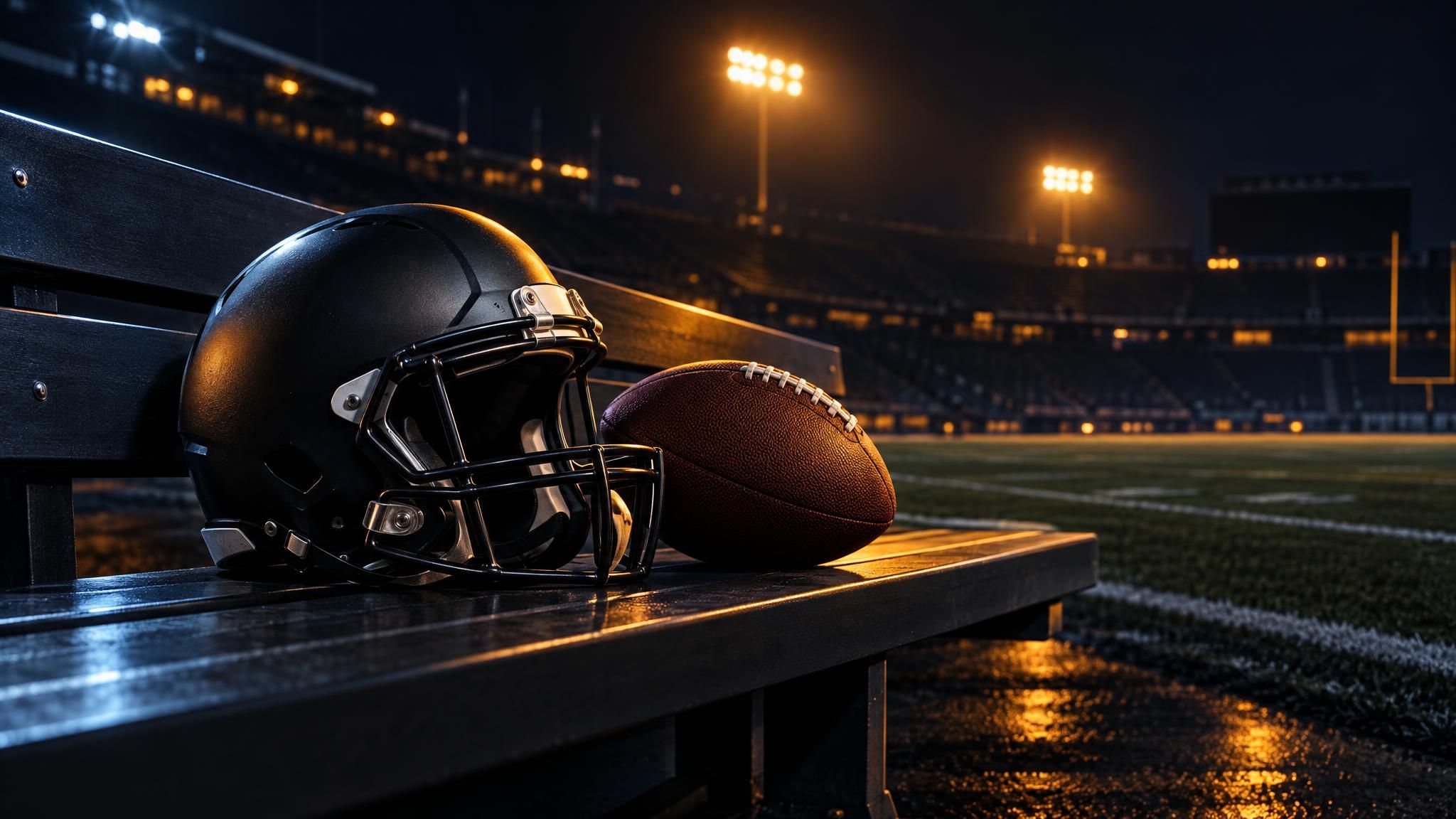 Football und neutraler Helm auf einer Bank im Stadionlicht