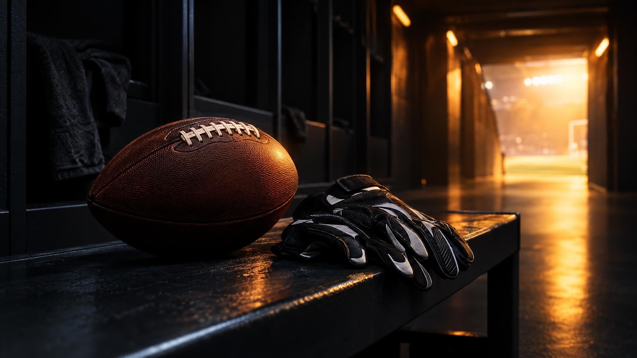 Football und Handschuhe auf einer dunklen Bank im warmen Licht