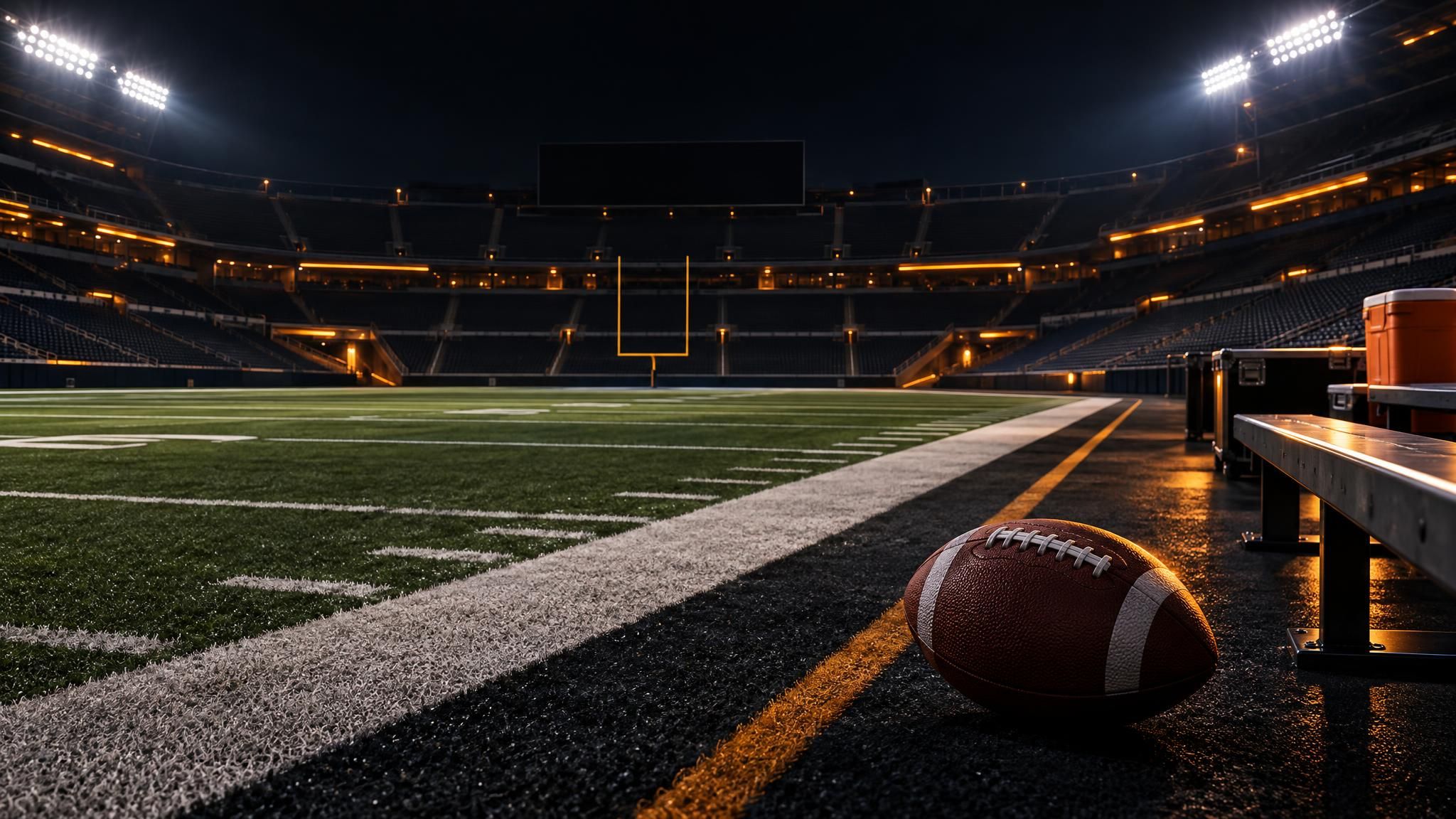 Football am Rand eines leeren Spielfelds unter Flutlicht
