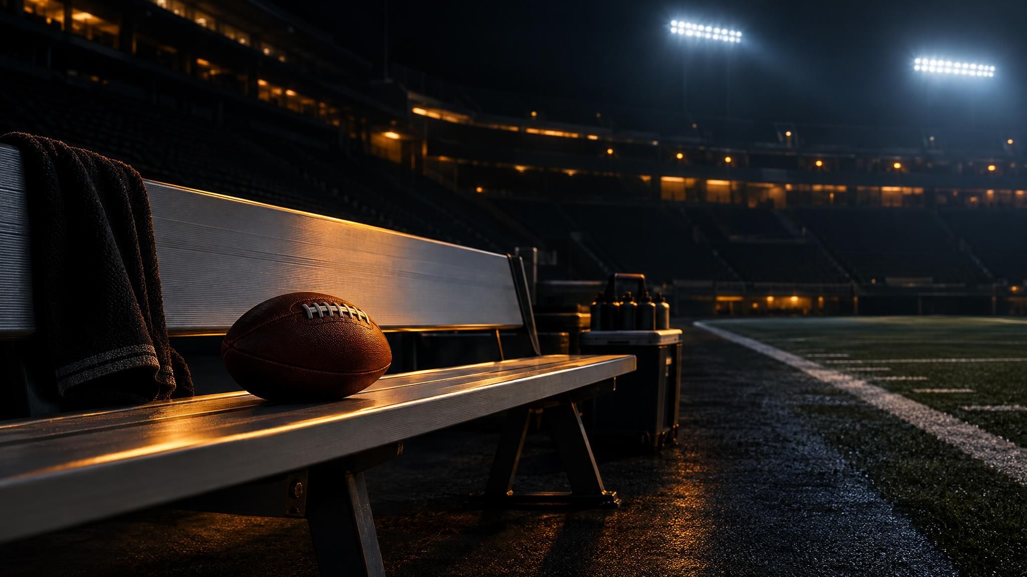 American Football auf einer leeren Bank im Stadion bei Nacht