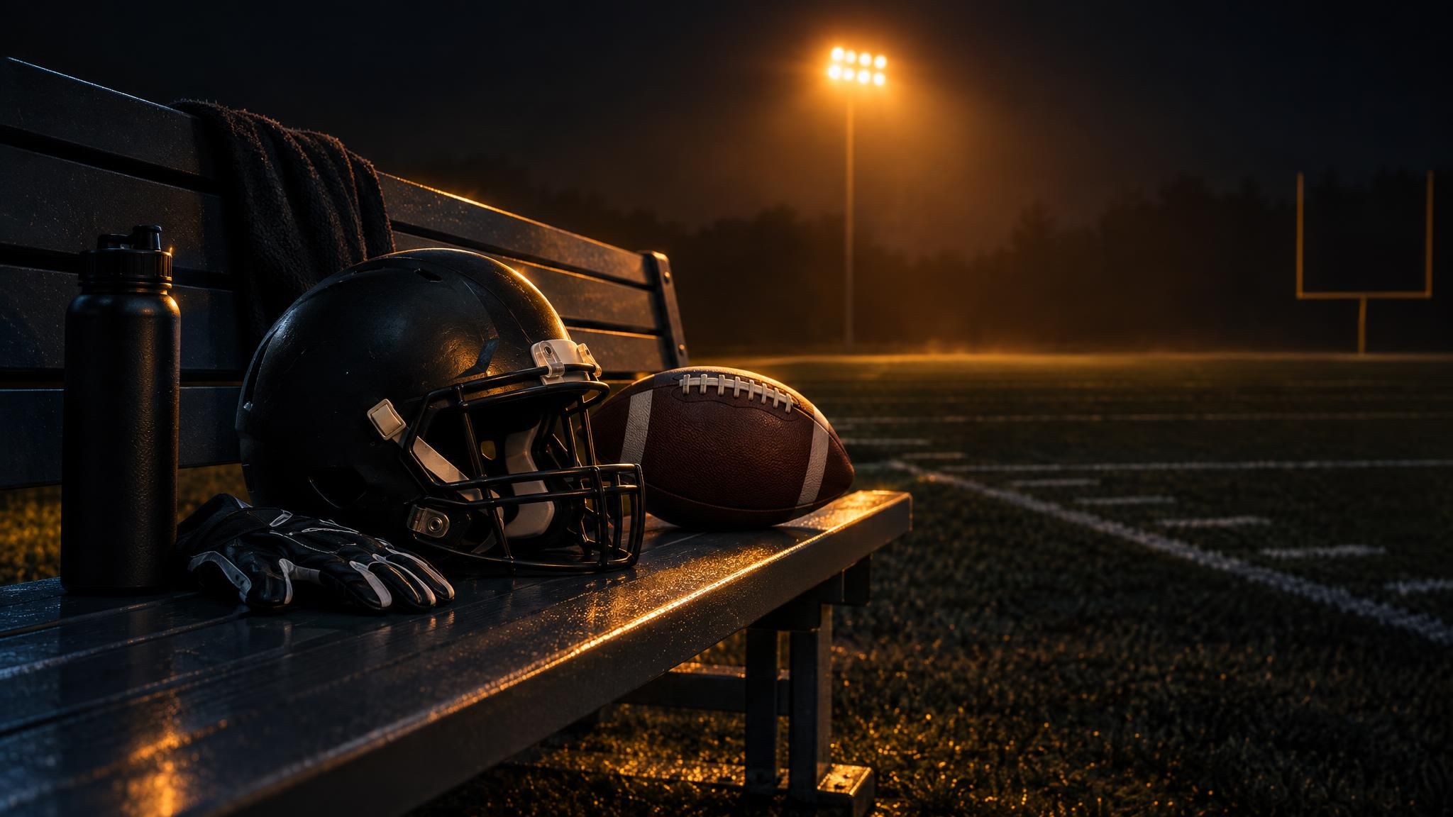 Football, unbeschrifteter Helm und Handschuhe auf einer Bank am beleuchteten Spielfeld