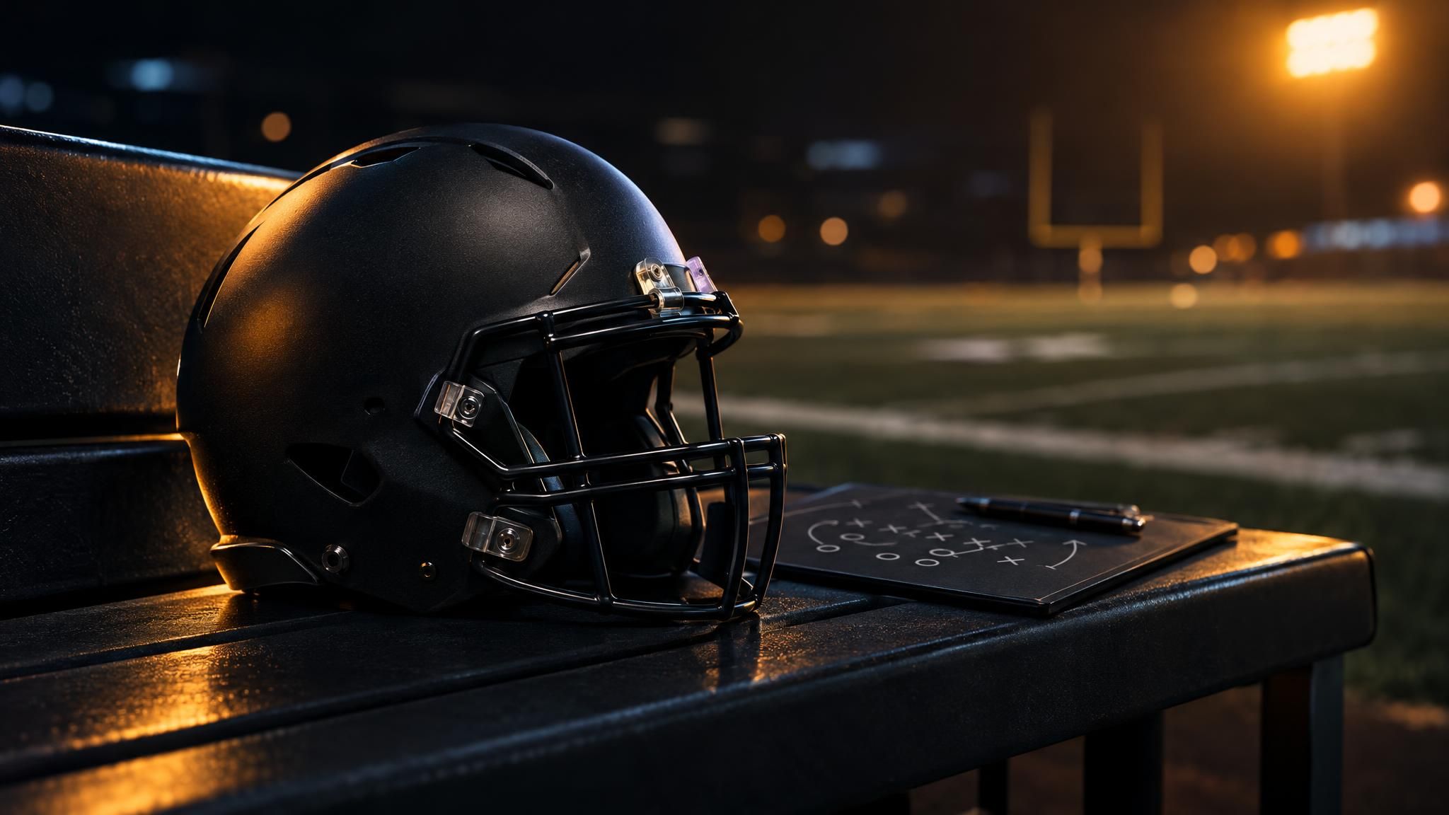 Dunkler Football-Helm ohne Logo auf einer Bank am Spielfeldrand