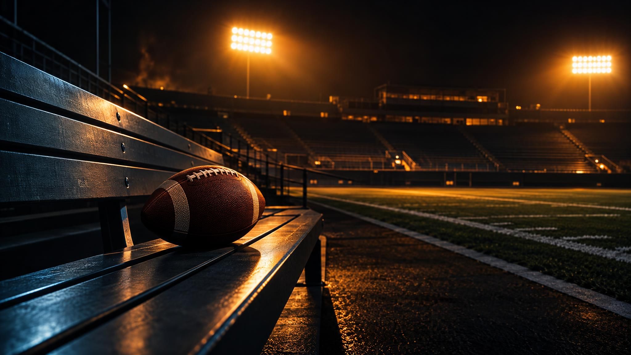 American Football auf einer Stadionbank im Flutlicht