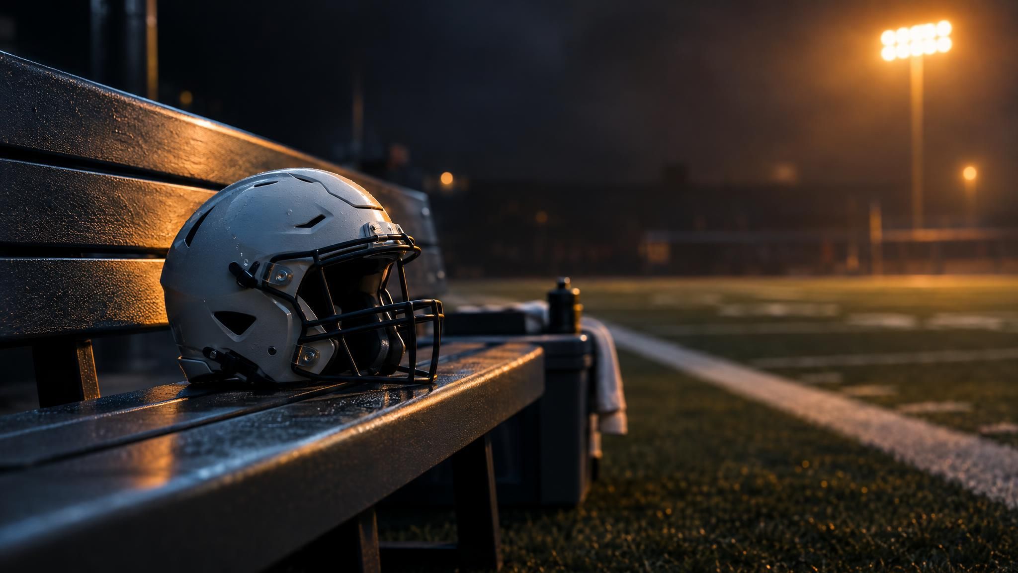 Neutraler Football-Helm auf einer Bank am Spielfeldrand