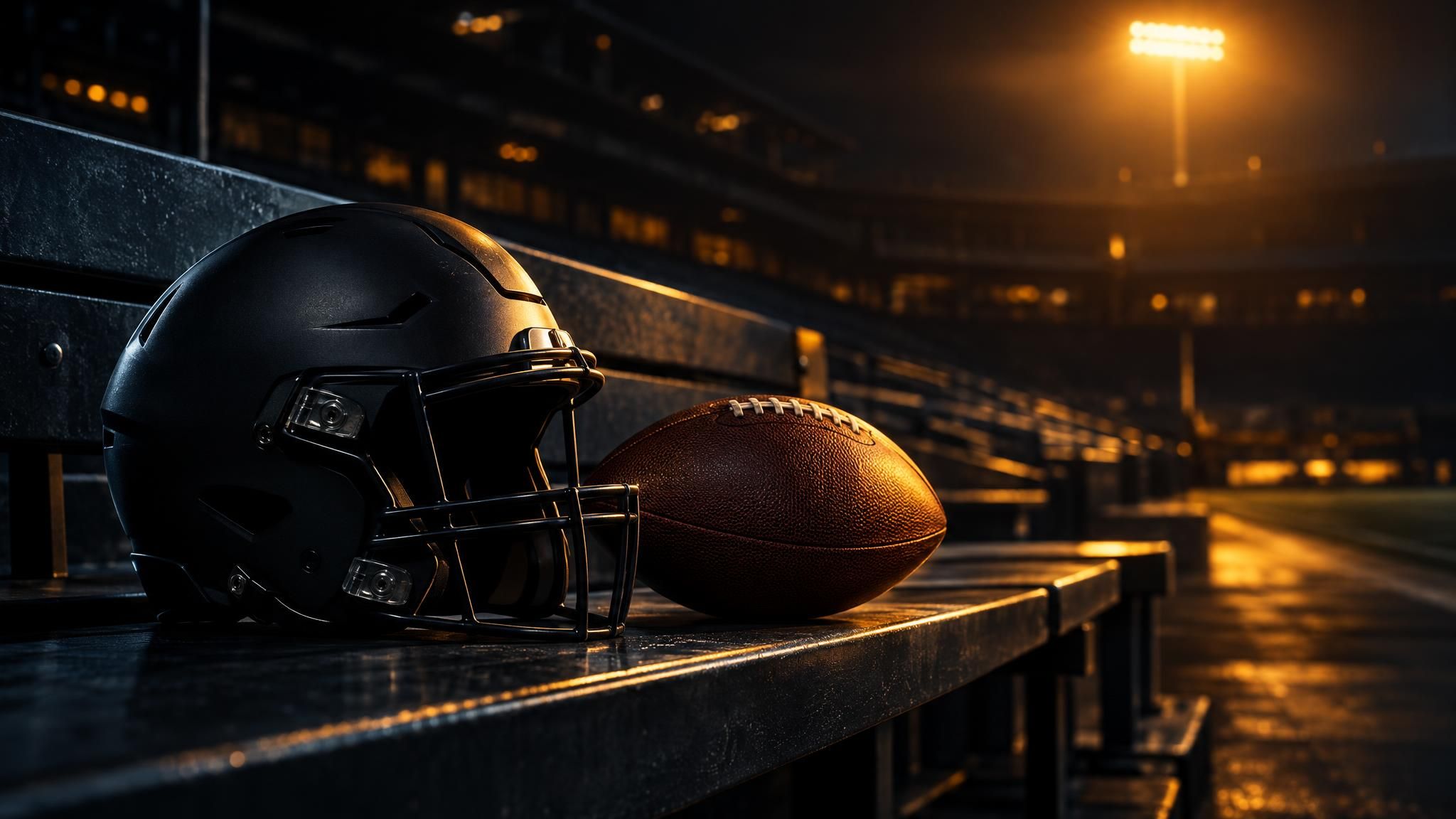 Neutraler Football-Helm und Football auf einer Stadionbank