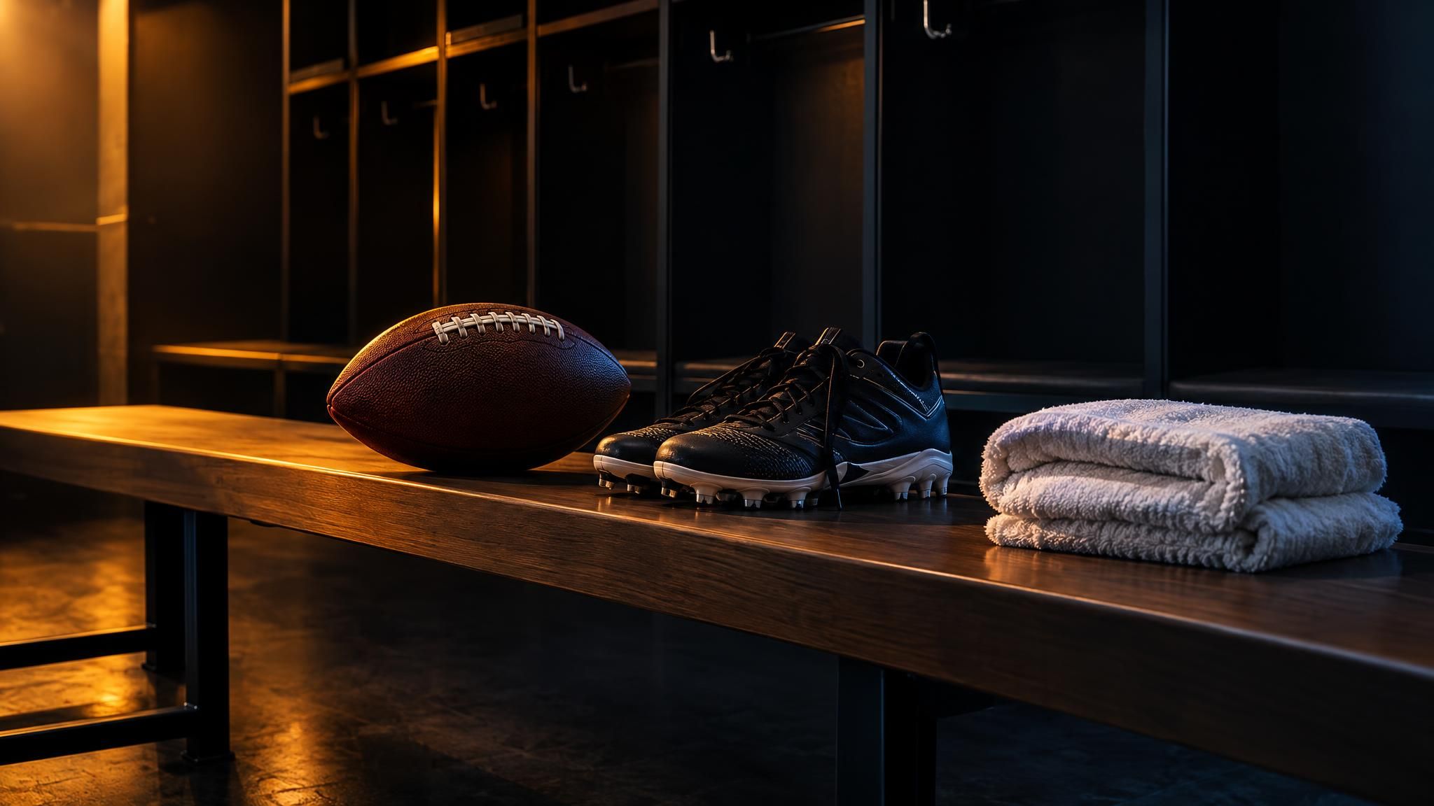 Football und Schuhe neben gefalteten Handtüchern auf einer dunklen Bank