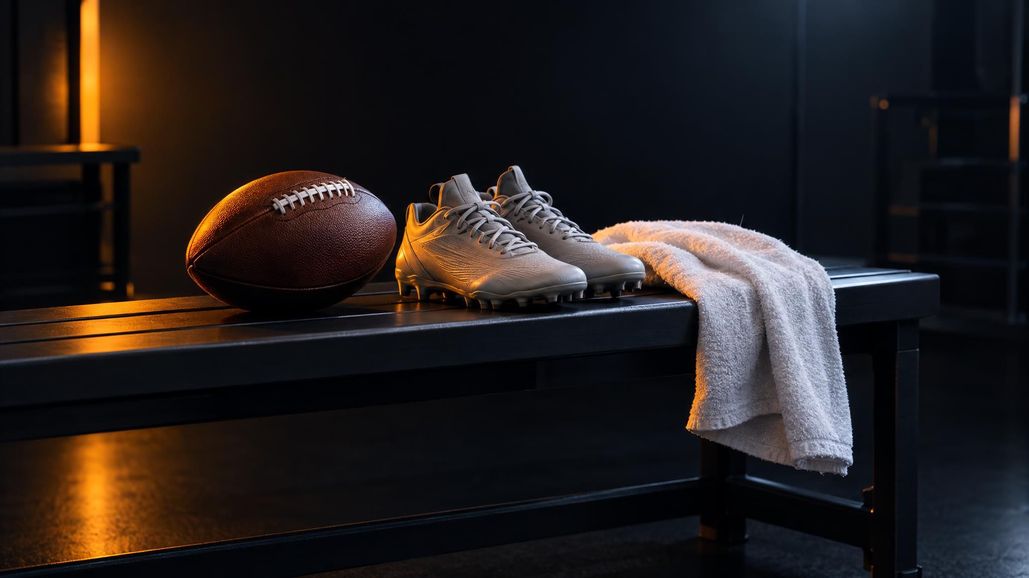Football, Schuhe und weißes Handtuch auf einer leeren Trainingsbank
