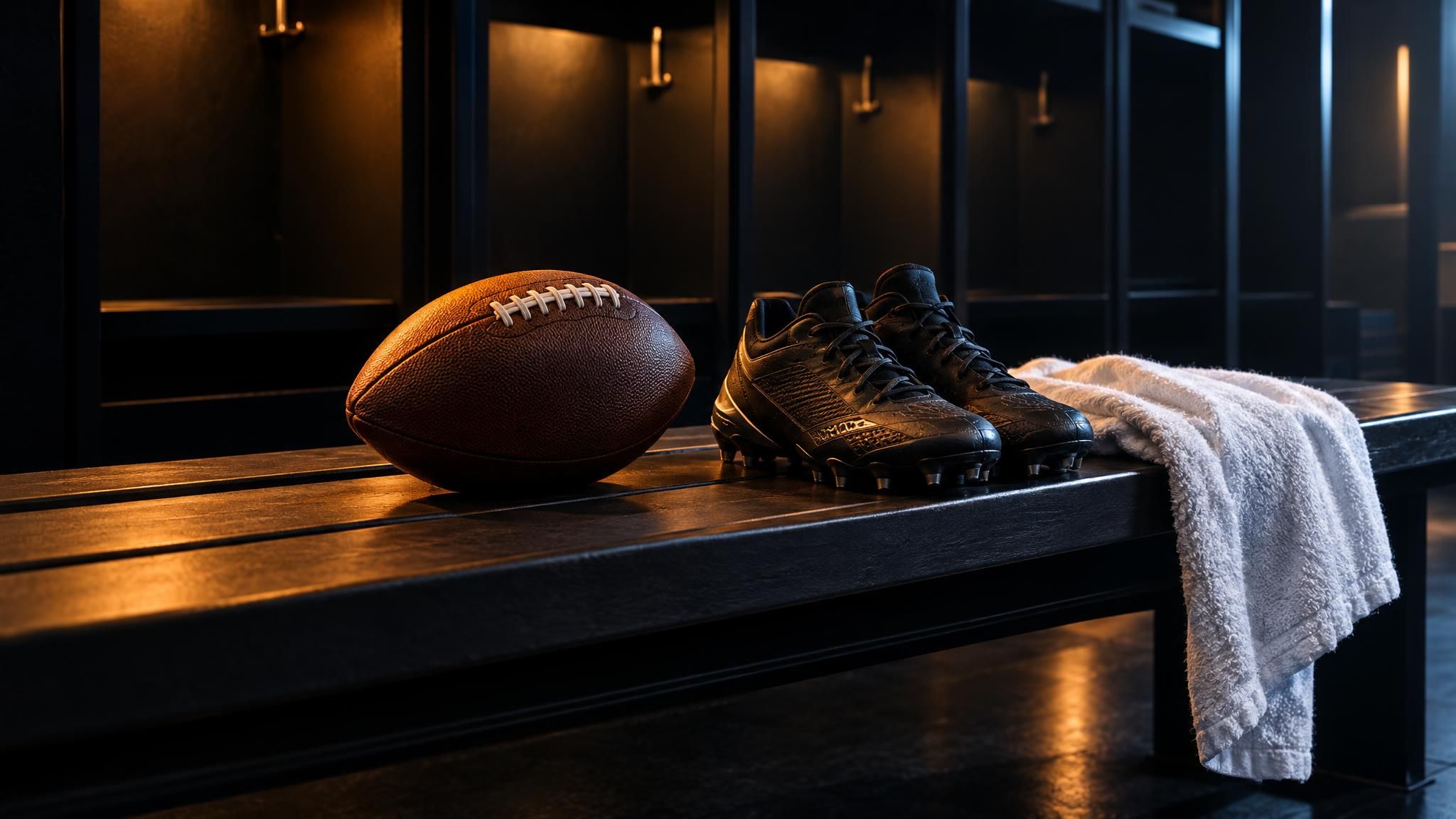 Football und Footballschuhe neben einem weißen Handtuch auf einer leeren Bank