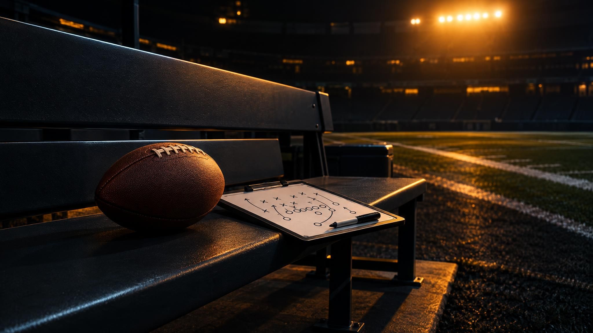 Football und neutrales Spielzugbrett auf einer leeren Bank im Stadion