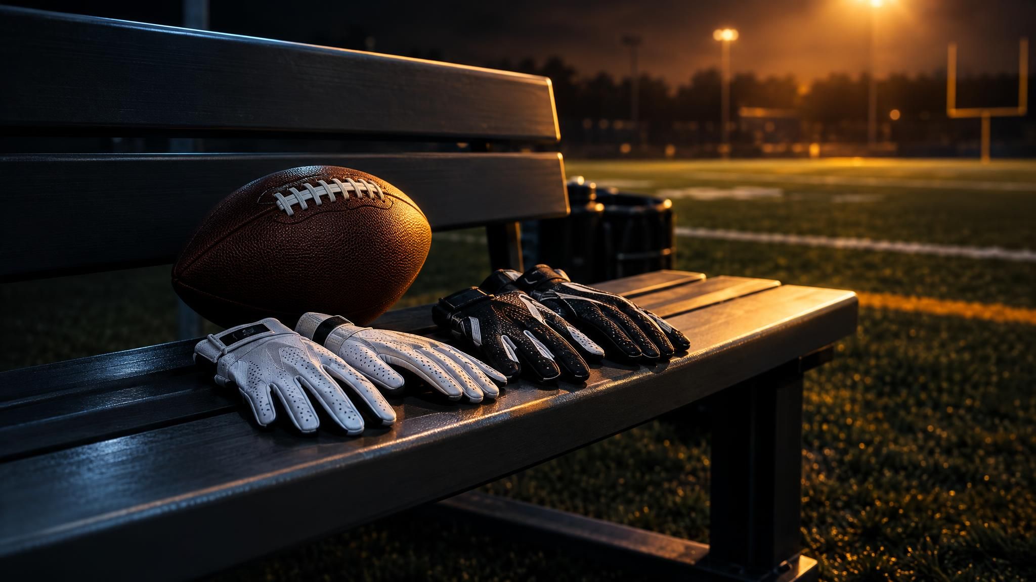 Football und zwei Paar Handschuhe auf einer Bank am Spielfeldrand