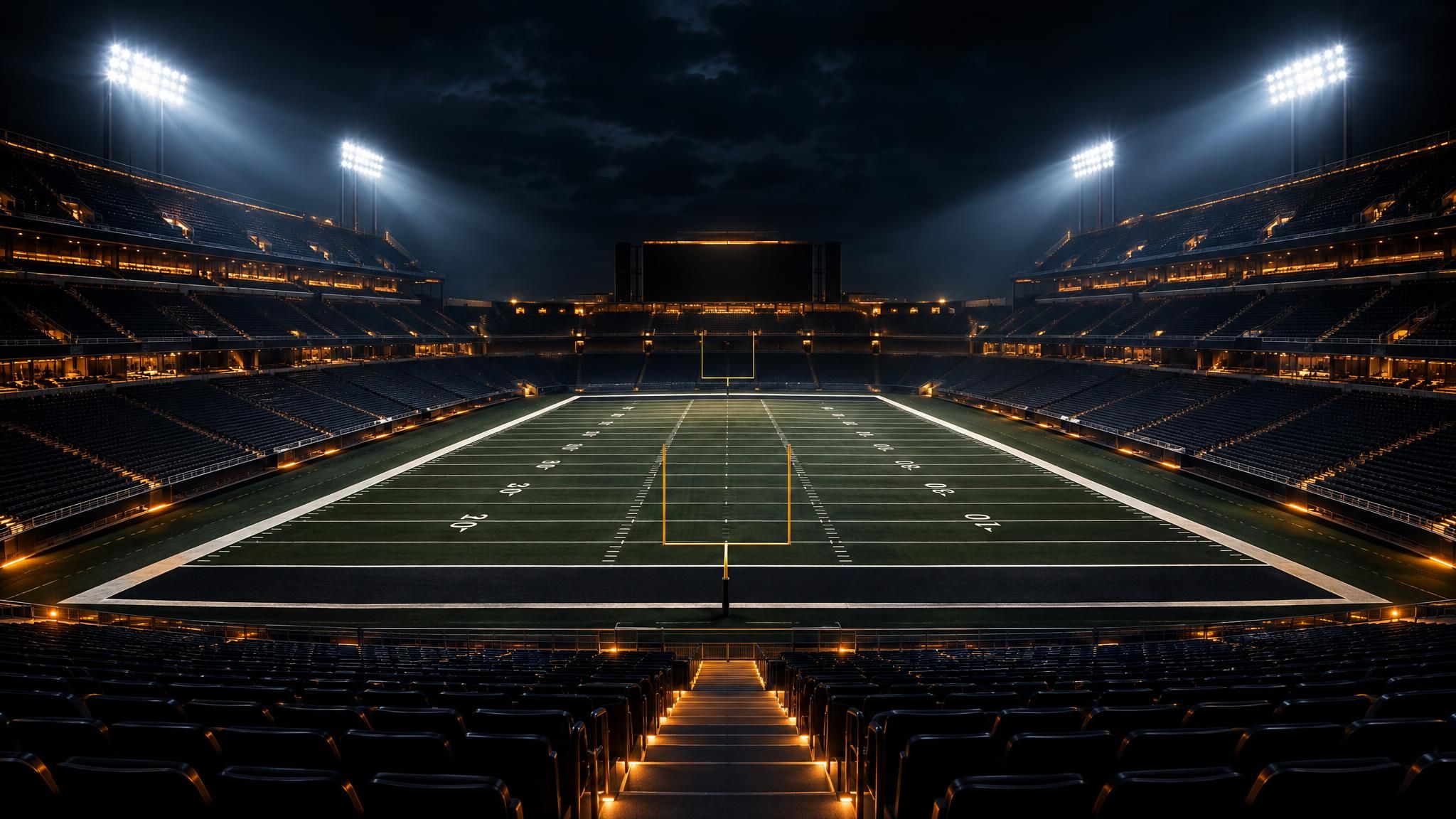 Leeres American-Football-Stadion bei Nacht unter Flutlicht