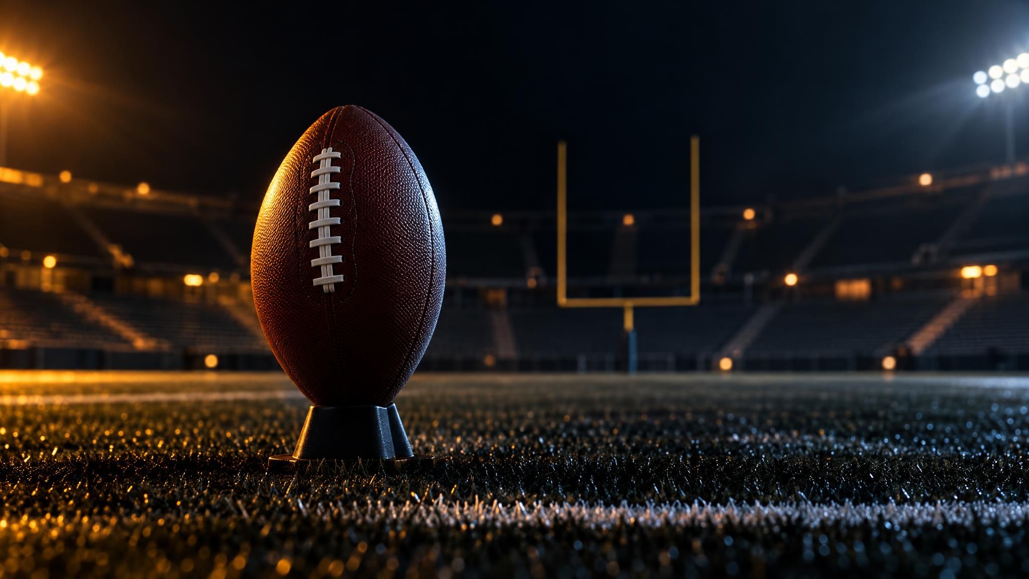 Football auf einem Kickoff-Tee vor einem unscharfen Torpfosten bei Nacht