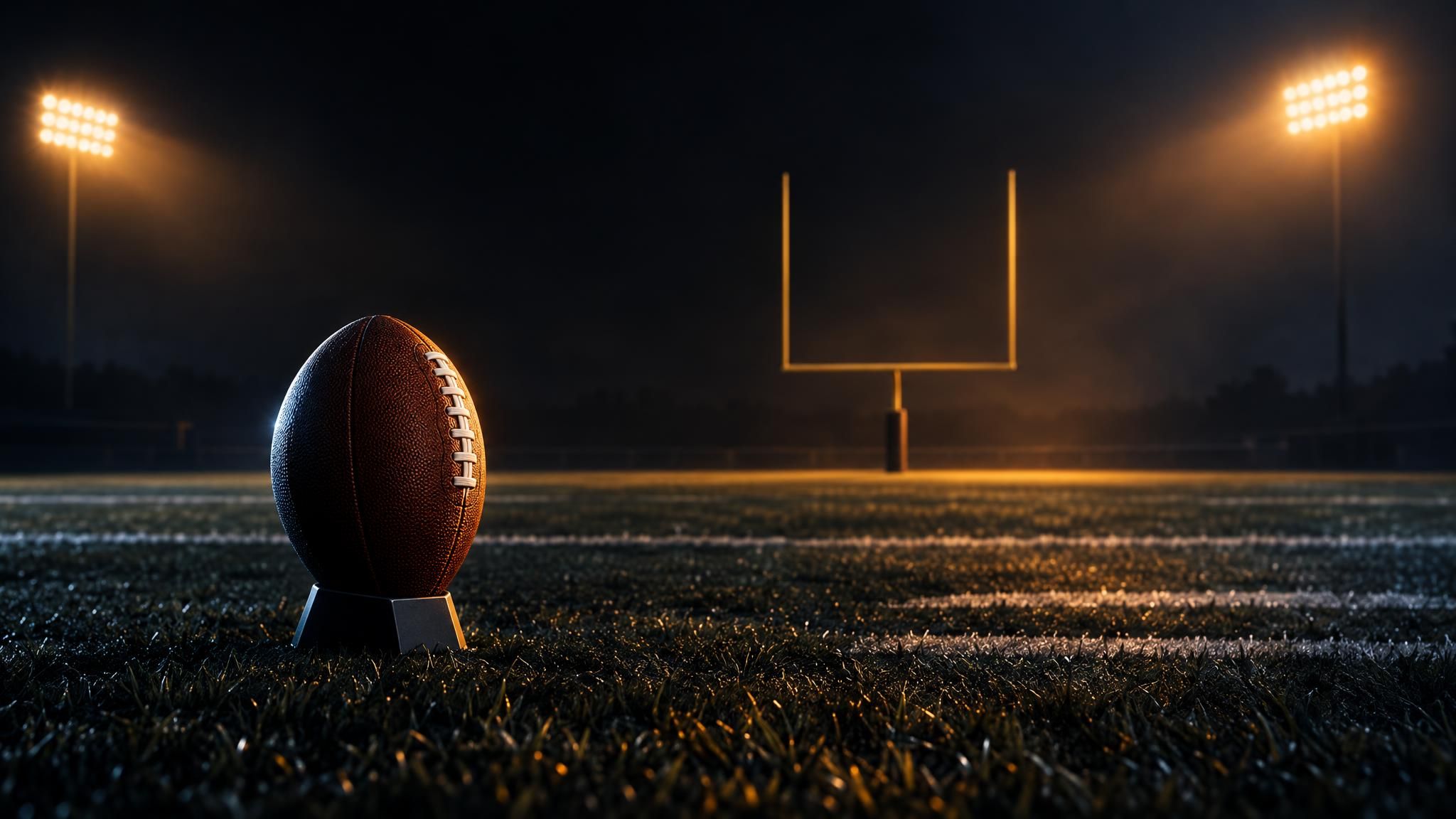 Football auf einem Kickhalter vor einem beleuchteten Tor