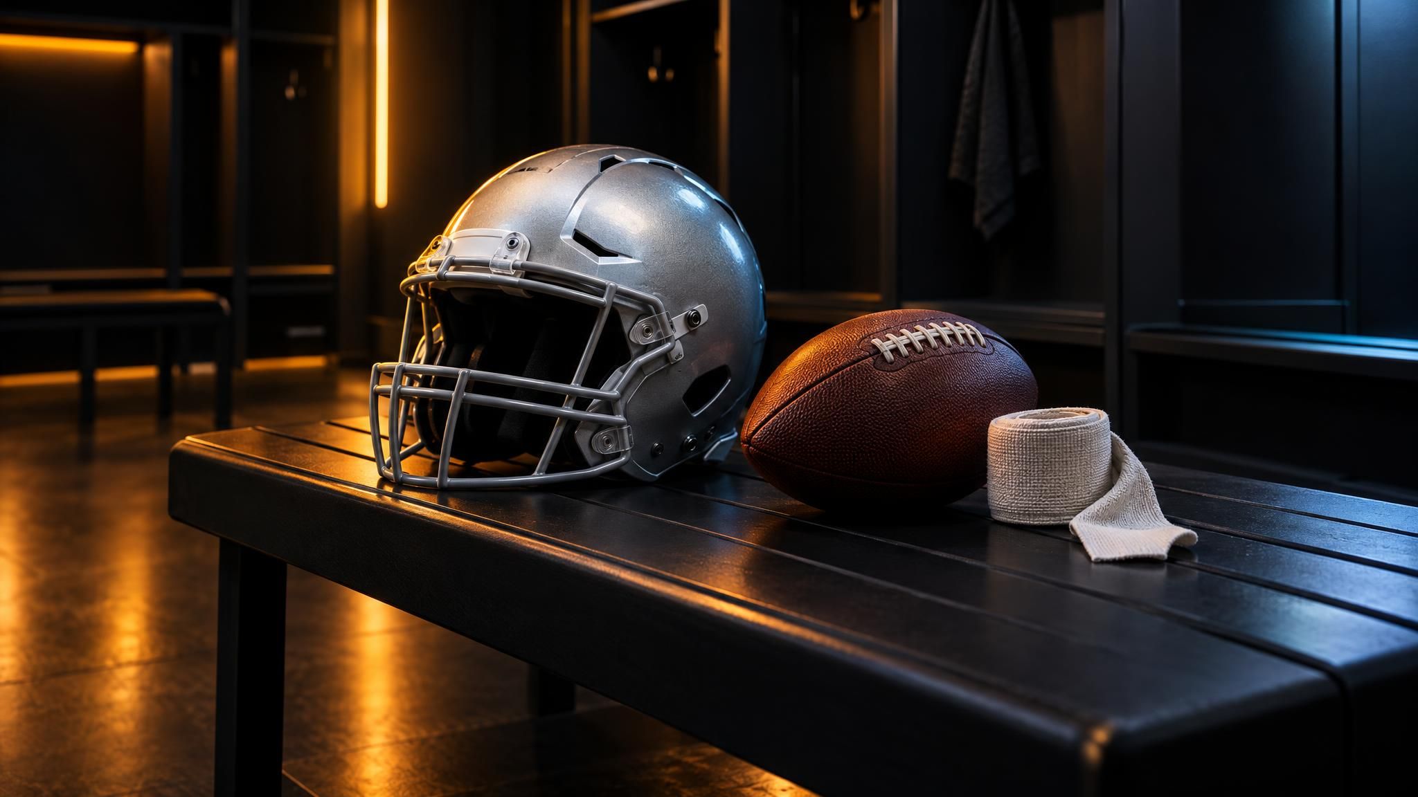 Silberner Football-Helm, Ball und Sportbandage auf einer dunklen Bank