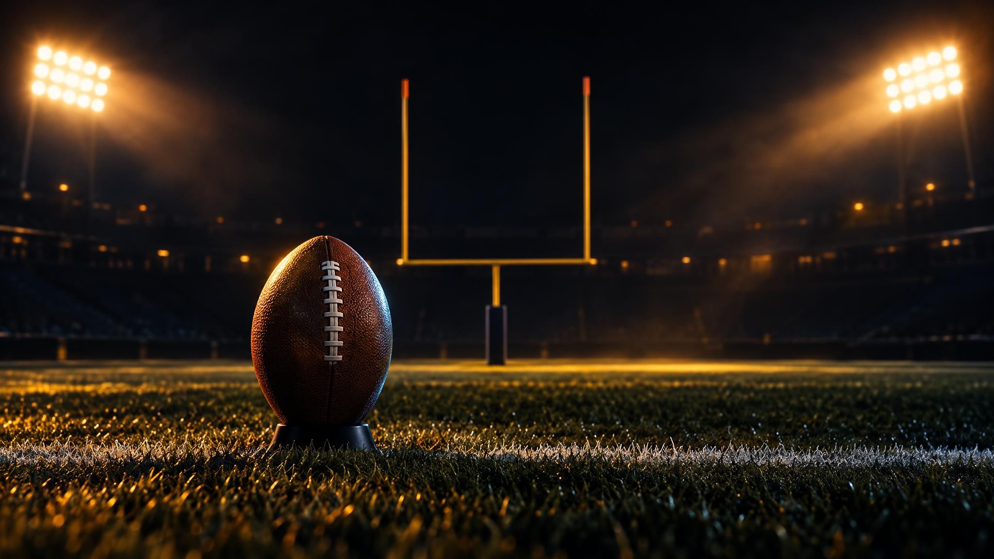 Football auf einem dunklen Spielfeld mit beleuchtetem Torpfosten