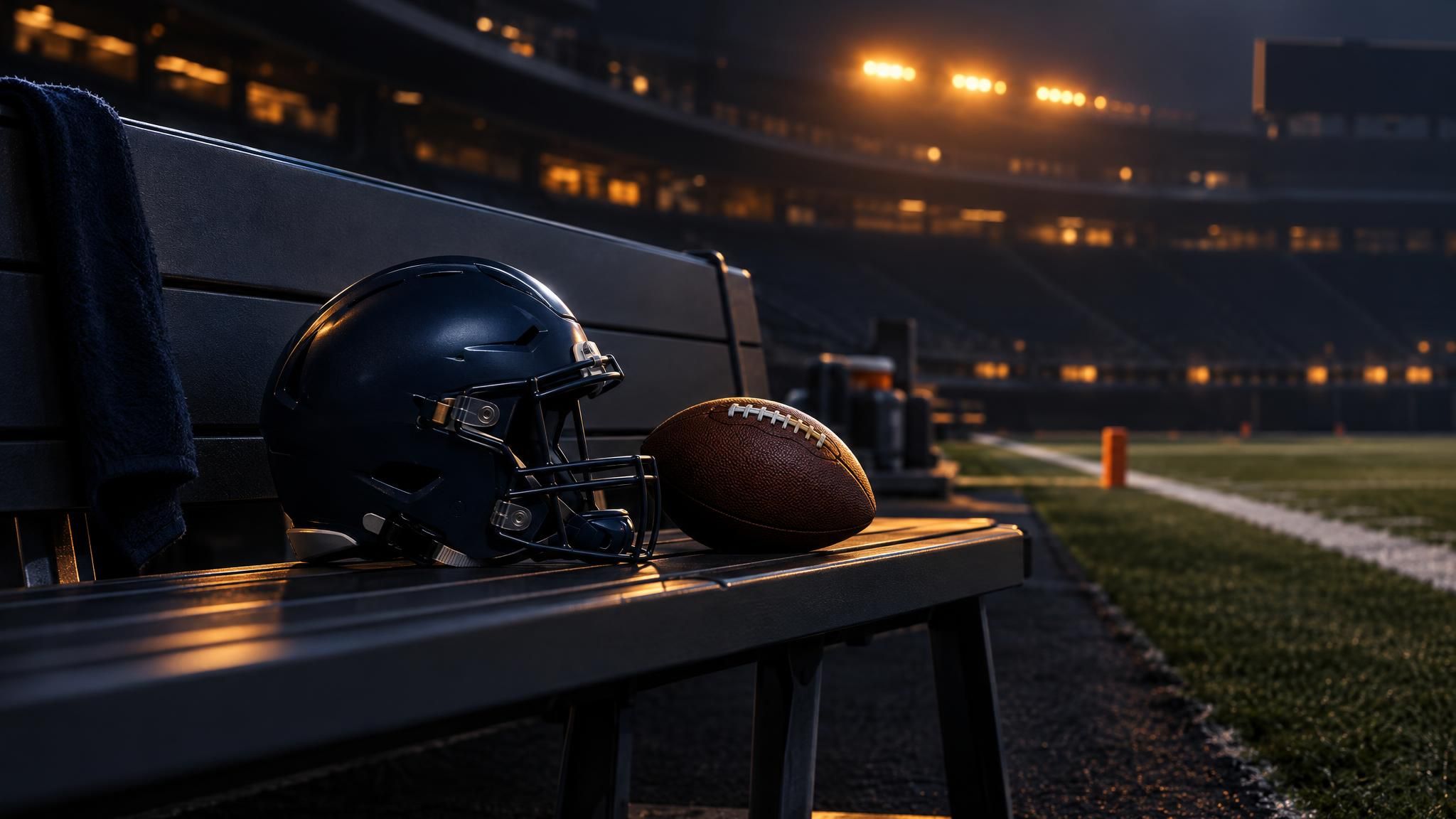 Football und dunkelblauer Helm auf einer leeren Seitenlinienbank im Stadion