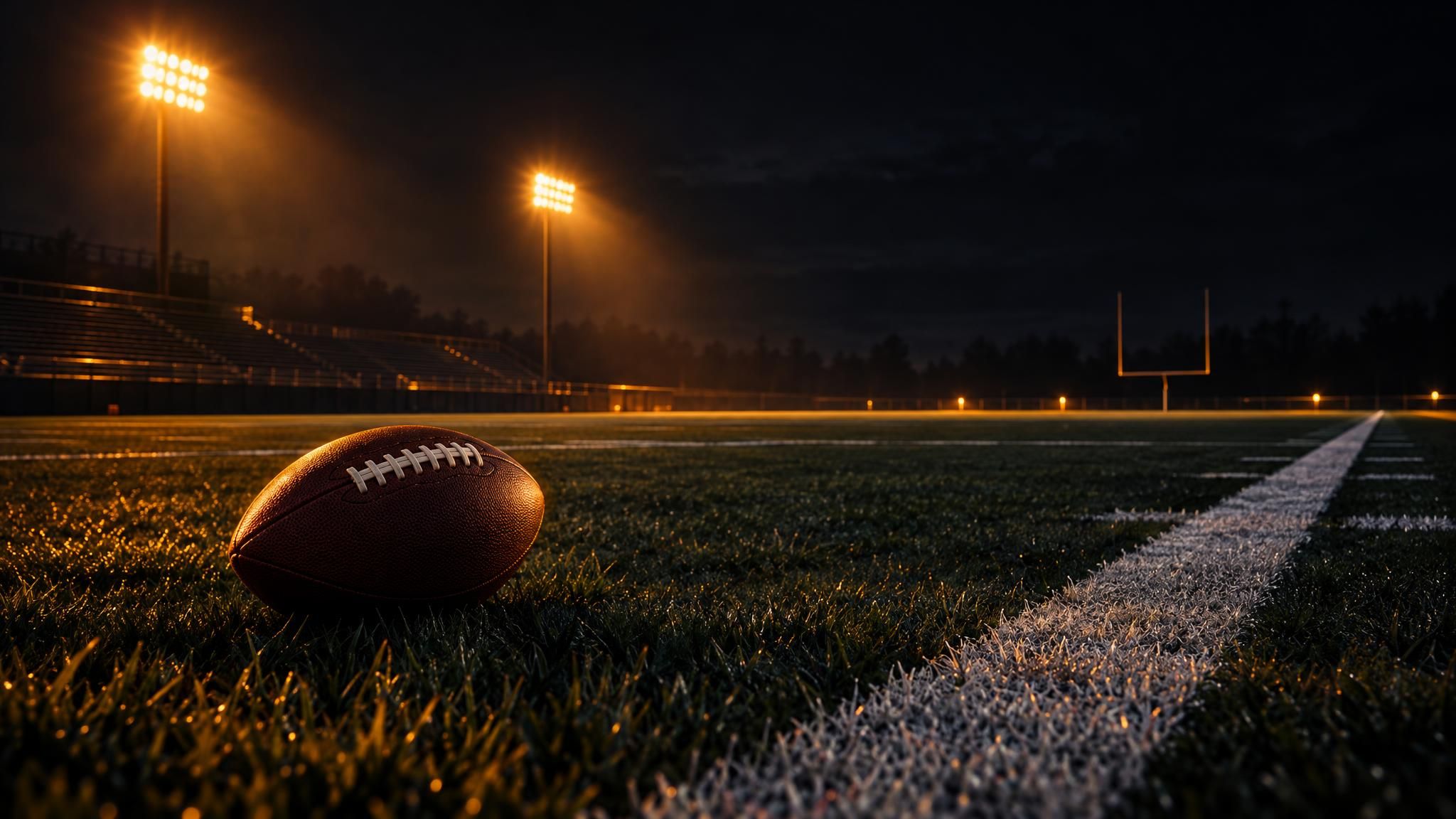 Football auf einem beleuchteten Trainingsplatz bei Nacht