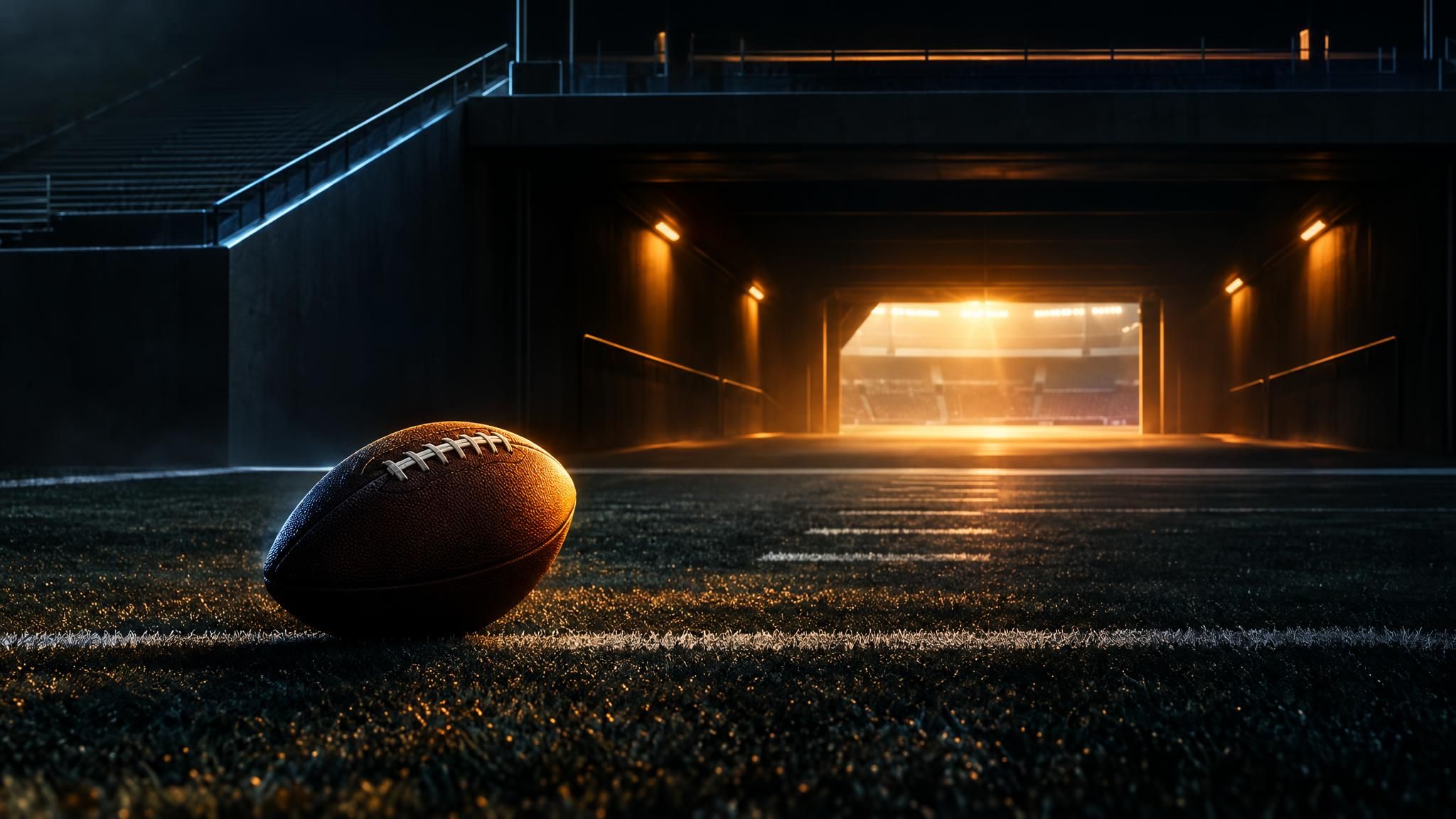 American Football auf einem dunklen Trainingsfeld vor einem beleuchteten Stadiontunnel