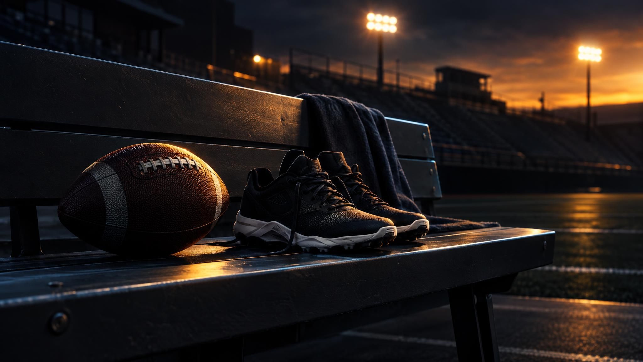 Football und Trainingsschuhe auf einer leeren Stadionbank