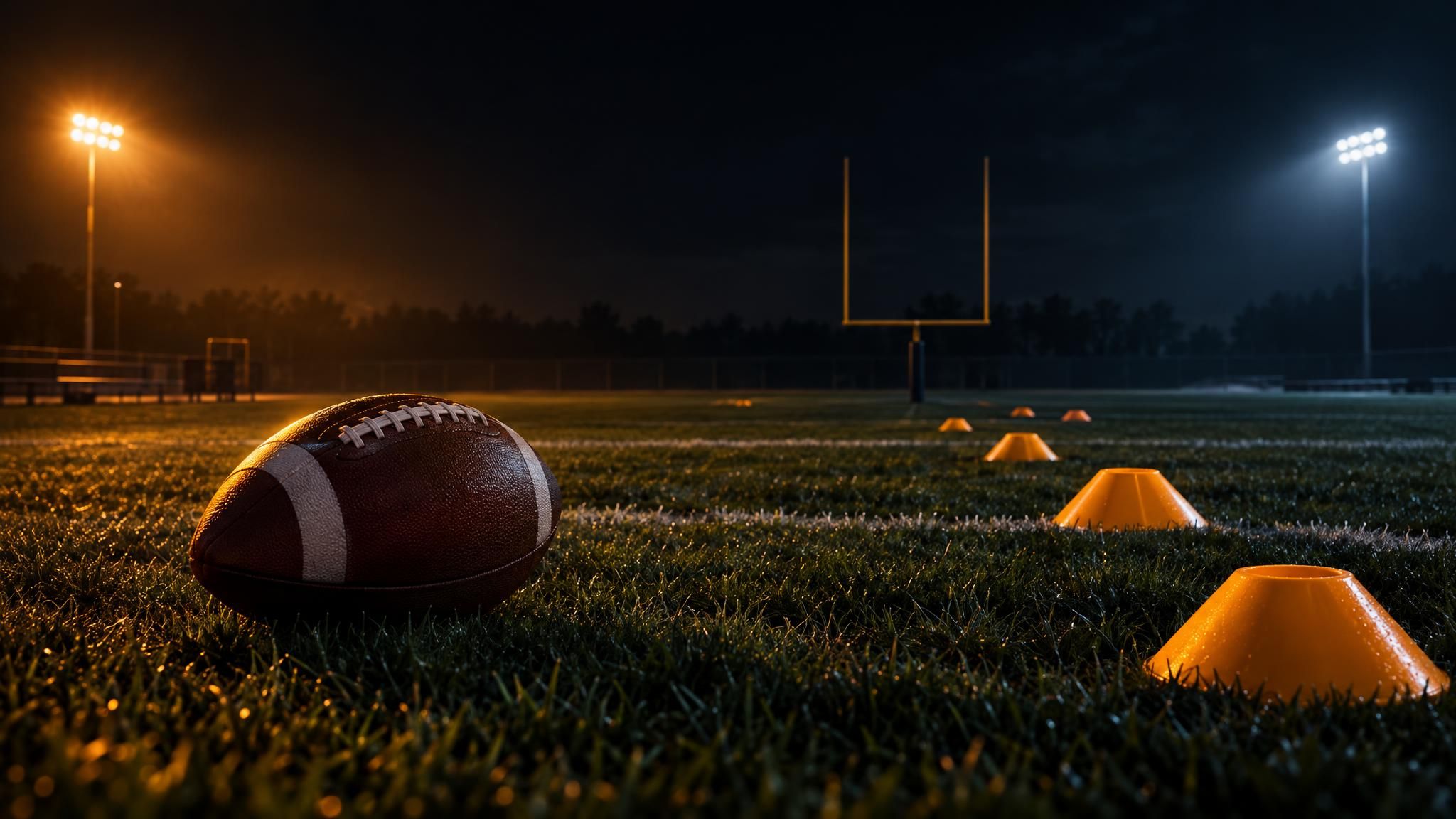 Football und Trainingshütchen auf einem beleuchteten Trainingsplatz