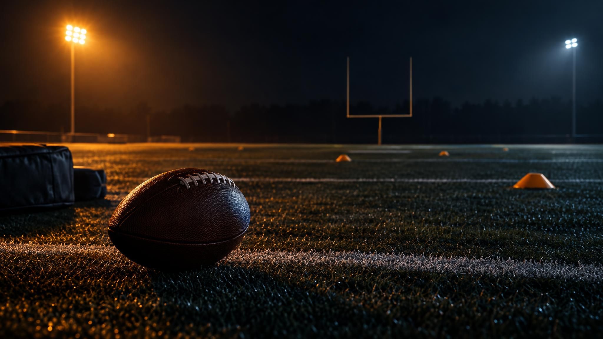 American-Football auf einem leeren Trainingsfeld im Flutlicht