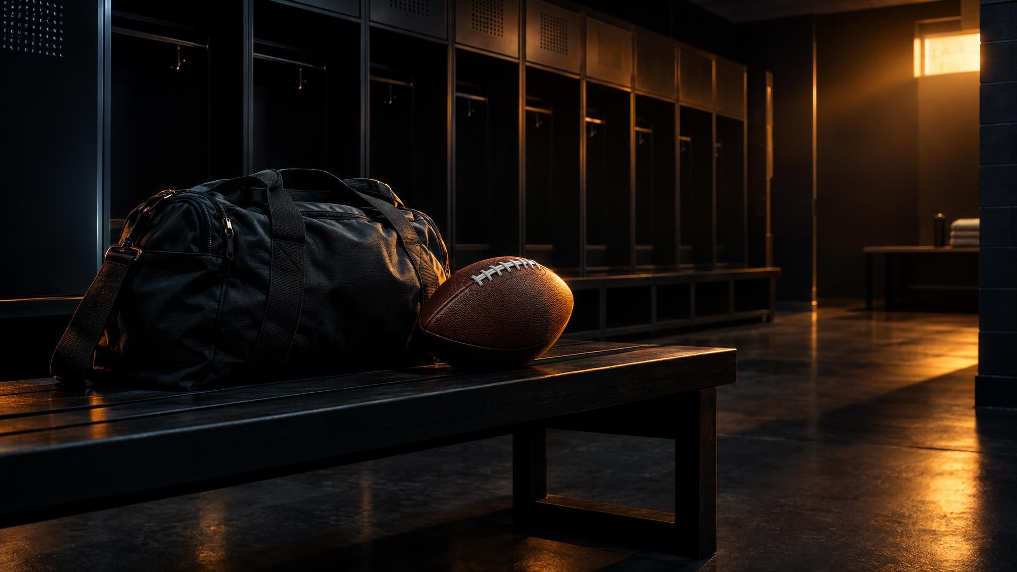American Football und Sporttasche auf einer Bank in einer dunklen Umkleide