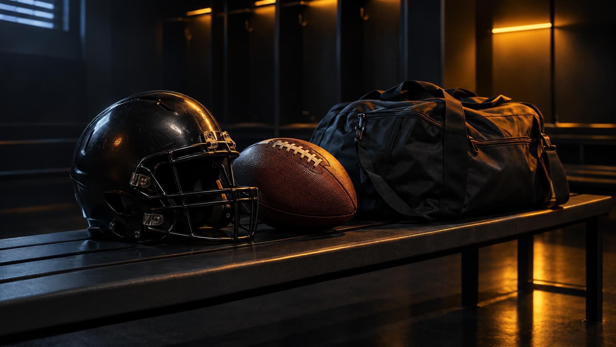 Schwarzer Footballhelm, Football und Reisetasche auf einer Umkleidebank