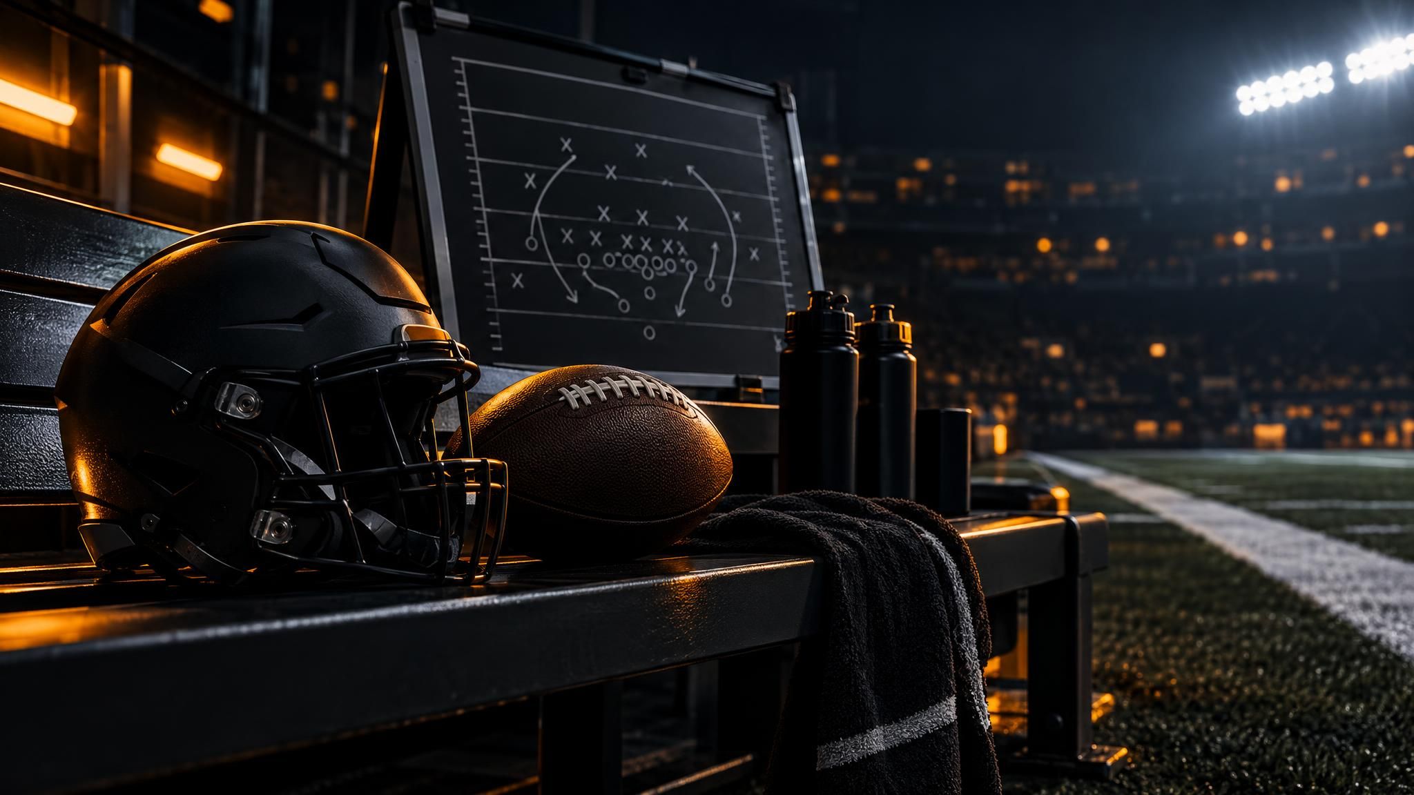 American Football und schwarzer Helm auf einer Bank mit Taktiktafel vor einem beleuchteten Spielfeld