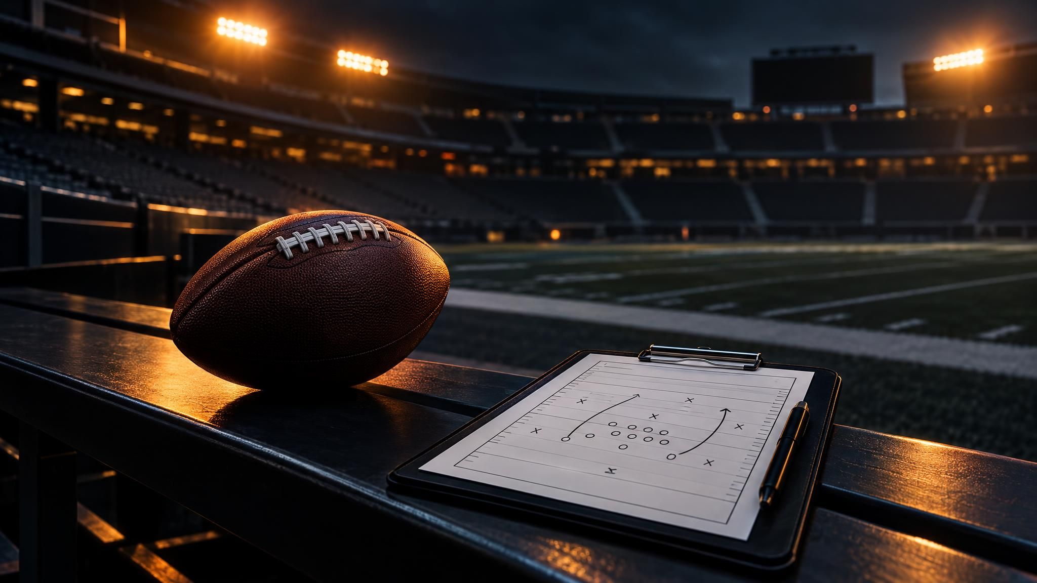 Football und Spielplan auf einer Bank am Spielfeldrand