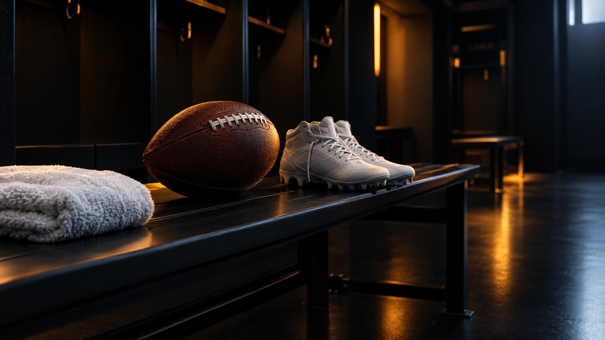 Football, weißes Handtuch und Footballschuhe auf einer leeren Umkleidebank