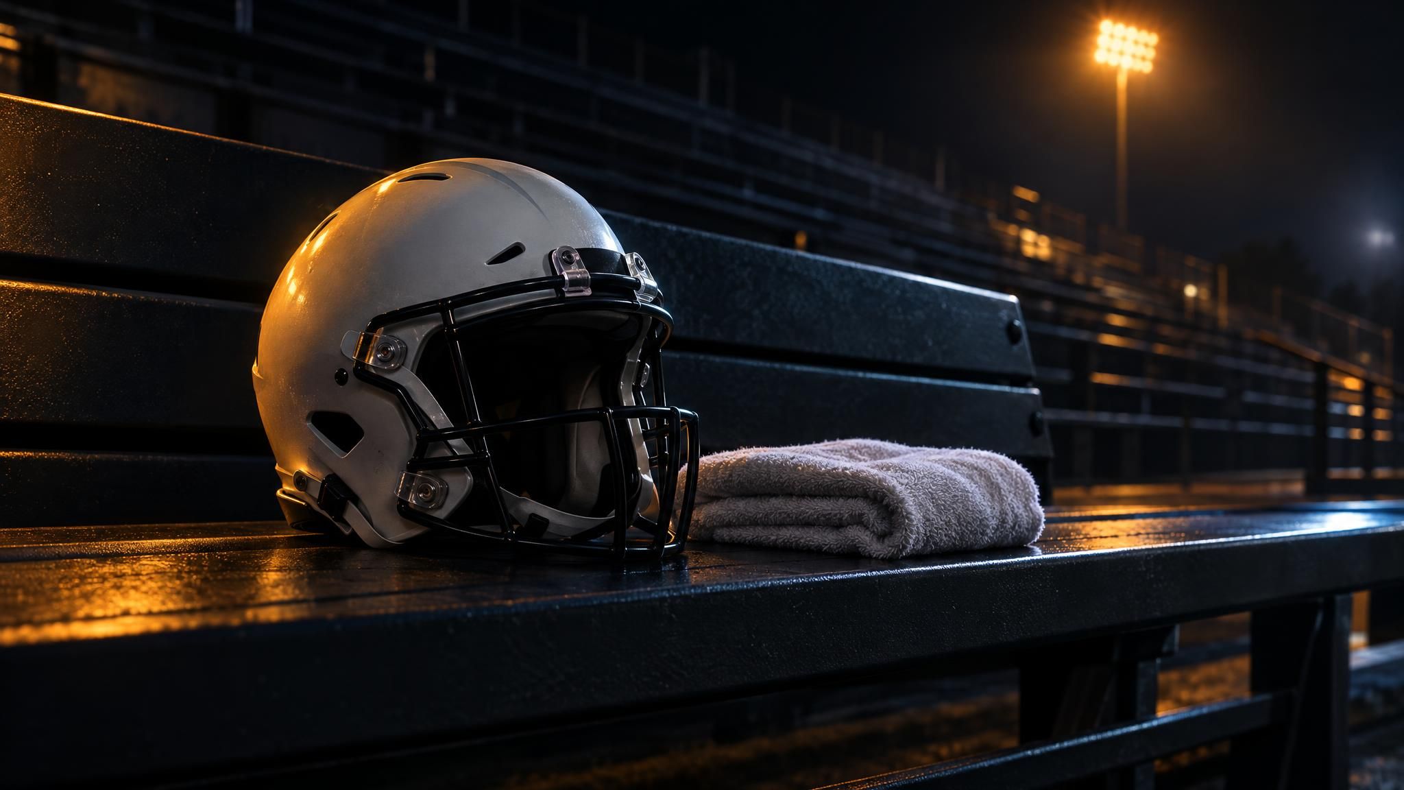 Neutraler Football-Helm und Handtuch auf einer leeren Stadionbank