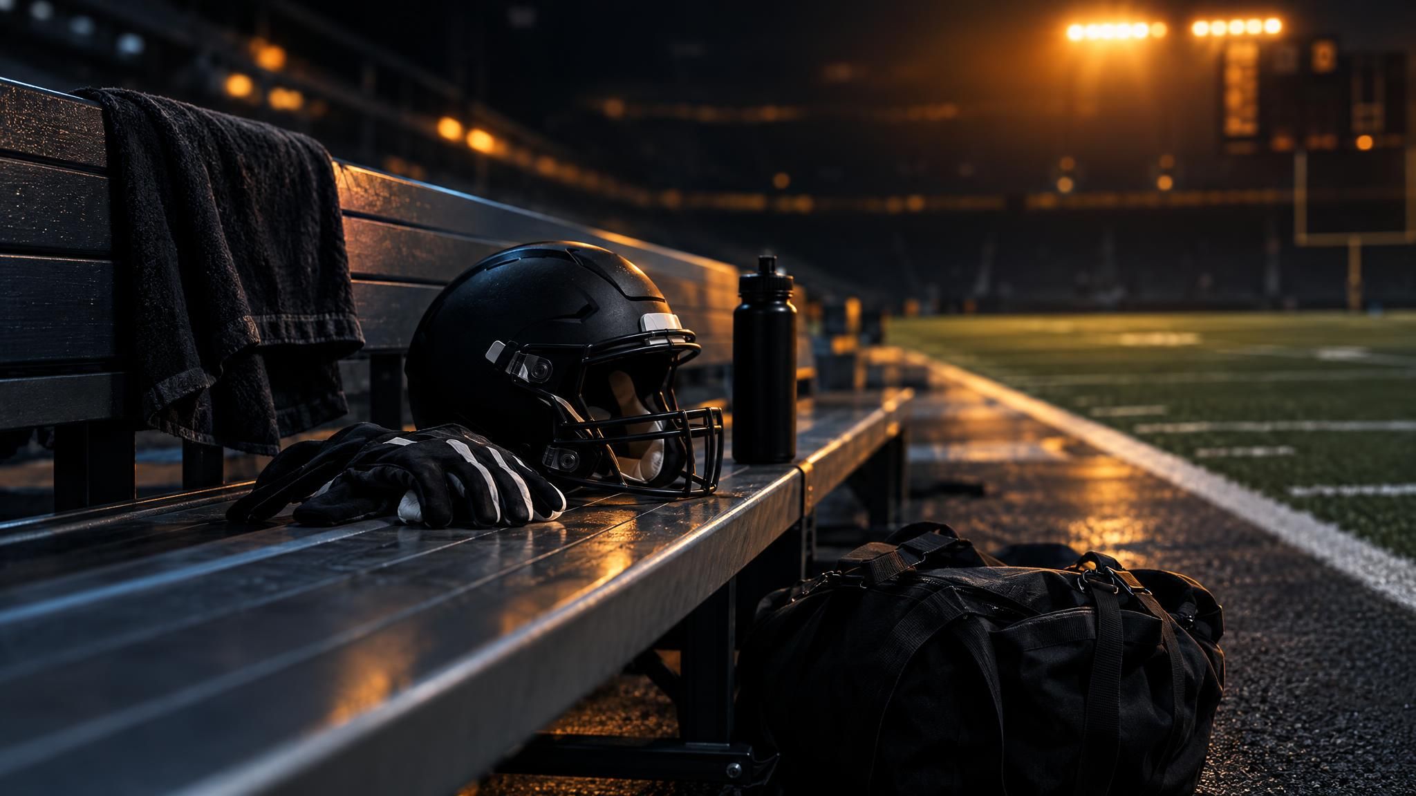 Schwarzer Footballhelm und Handschuhe auf einer leeren Bank am Spielfeldrand unter Flutlicht