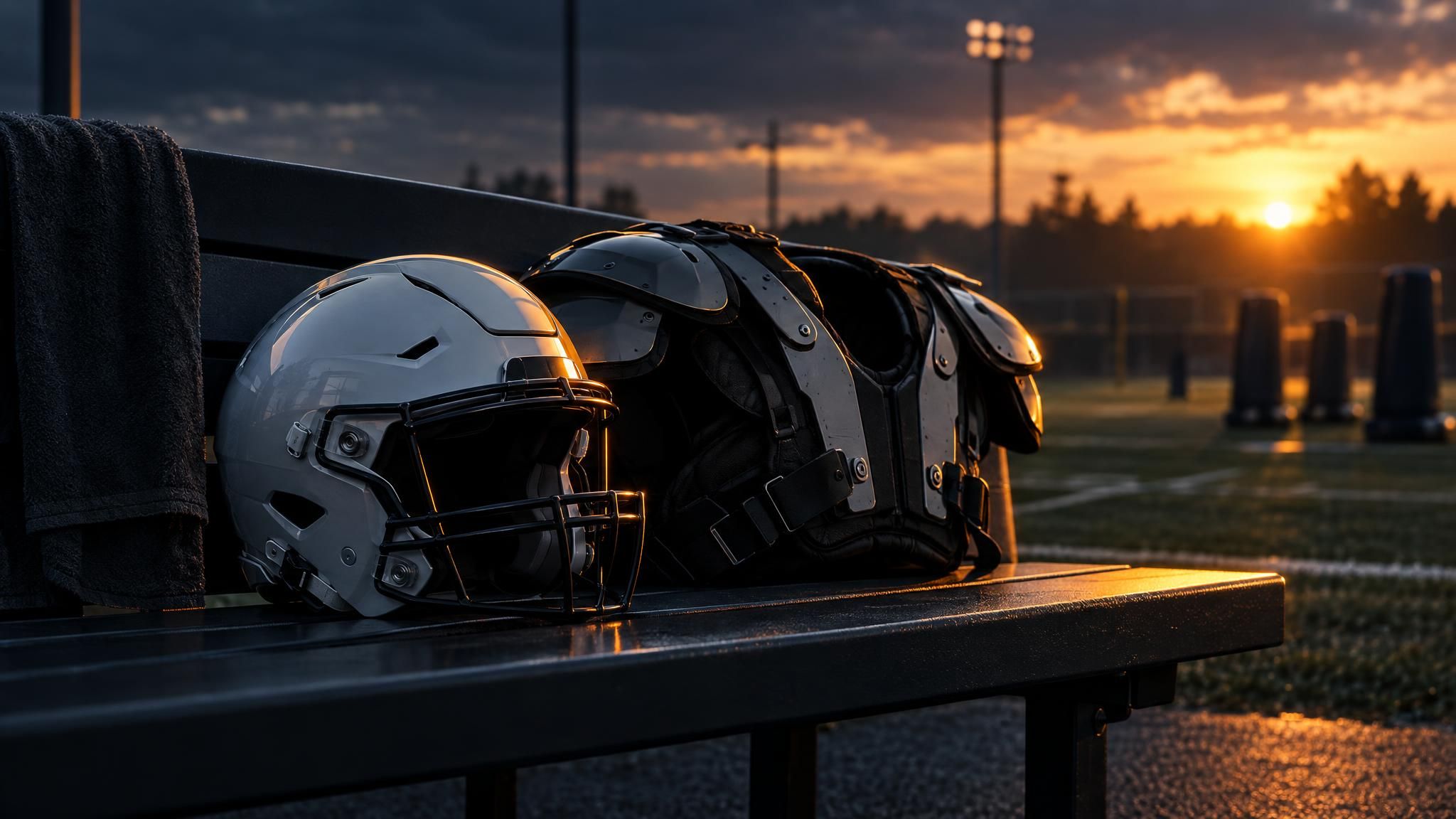 Neutraler Football-Helm und Schulterpolster auf einer Bank am Trainingsfeld