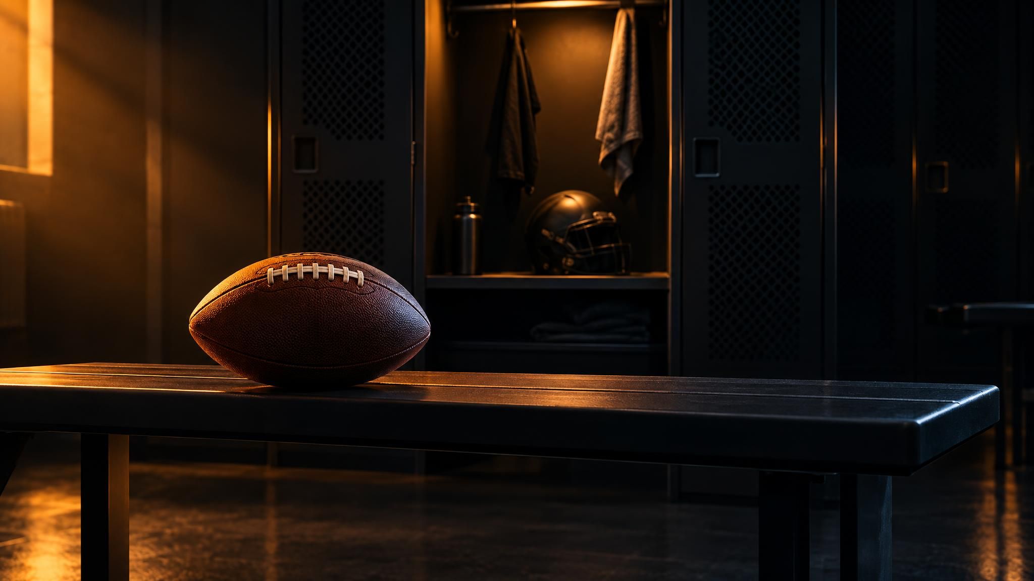 American Football auf einer leeren Bank vor dunklen Spinden im warmen Licht