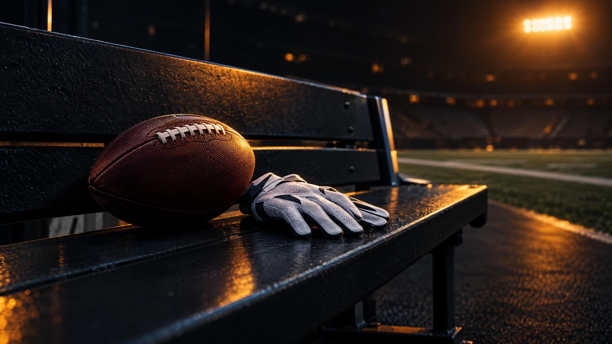 Football und Handschuhe auf einer Bank am Spielfeldrand im Flutlicht