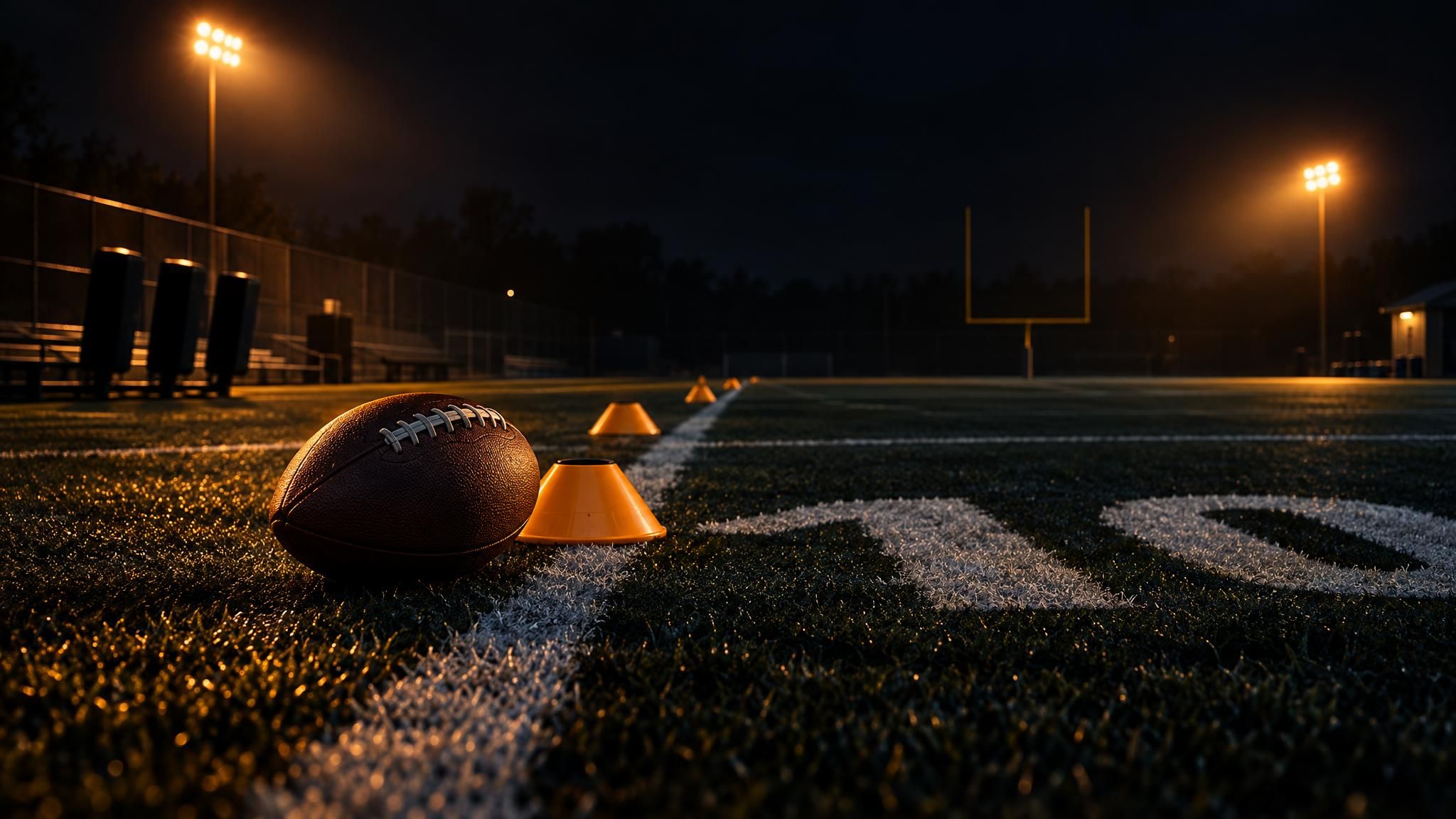 Football und Trainingshütchen auf einem beleuchteten Trainingsplatz bei Nacht