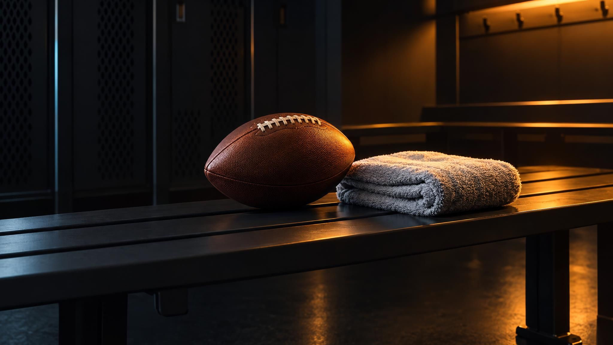 American Football und gefaltetes Handtuch auf einer dunklen Umkleidebank