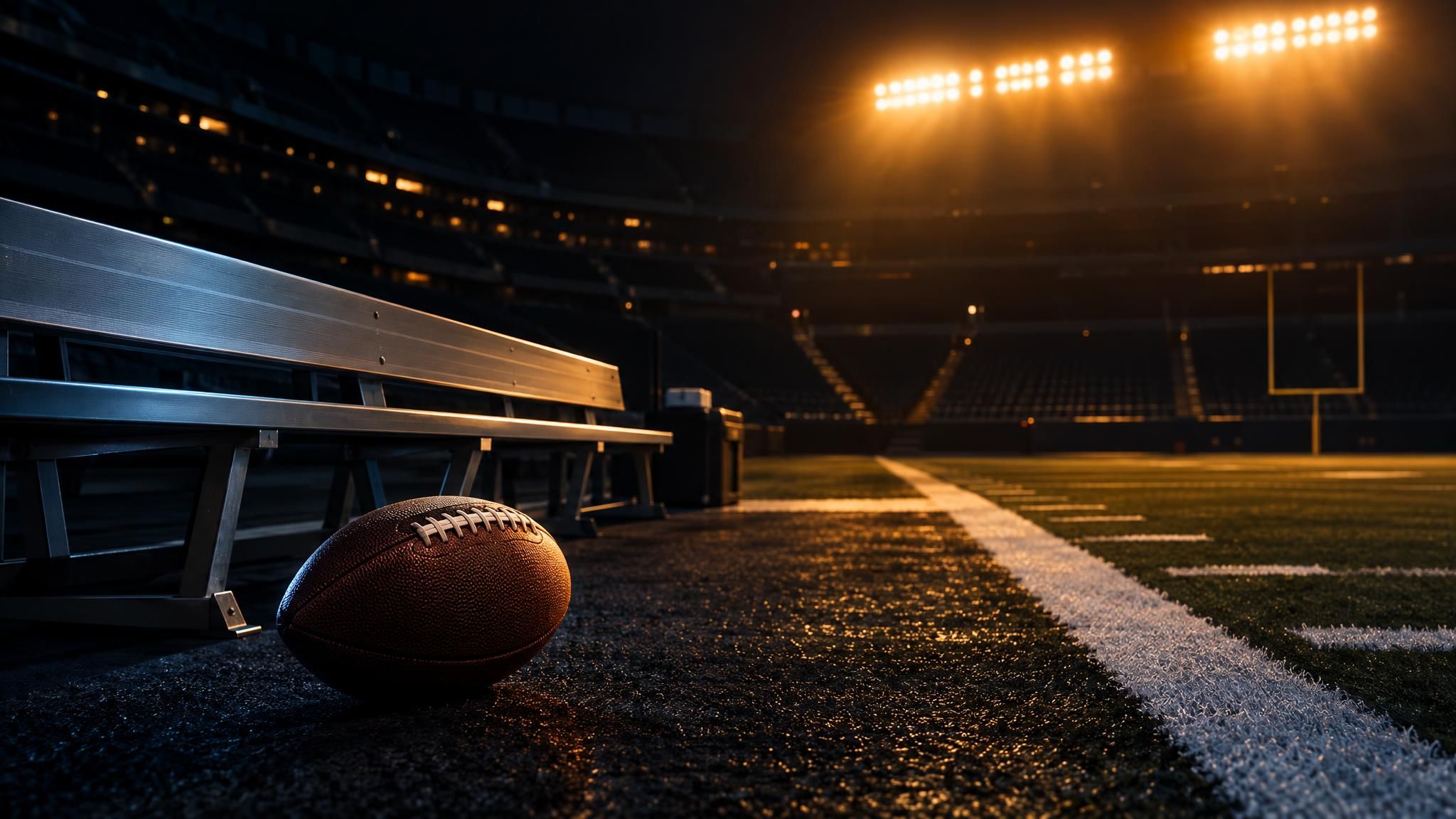 American Football neben einer leeren Seitenlinienbank im Flutlicht
