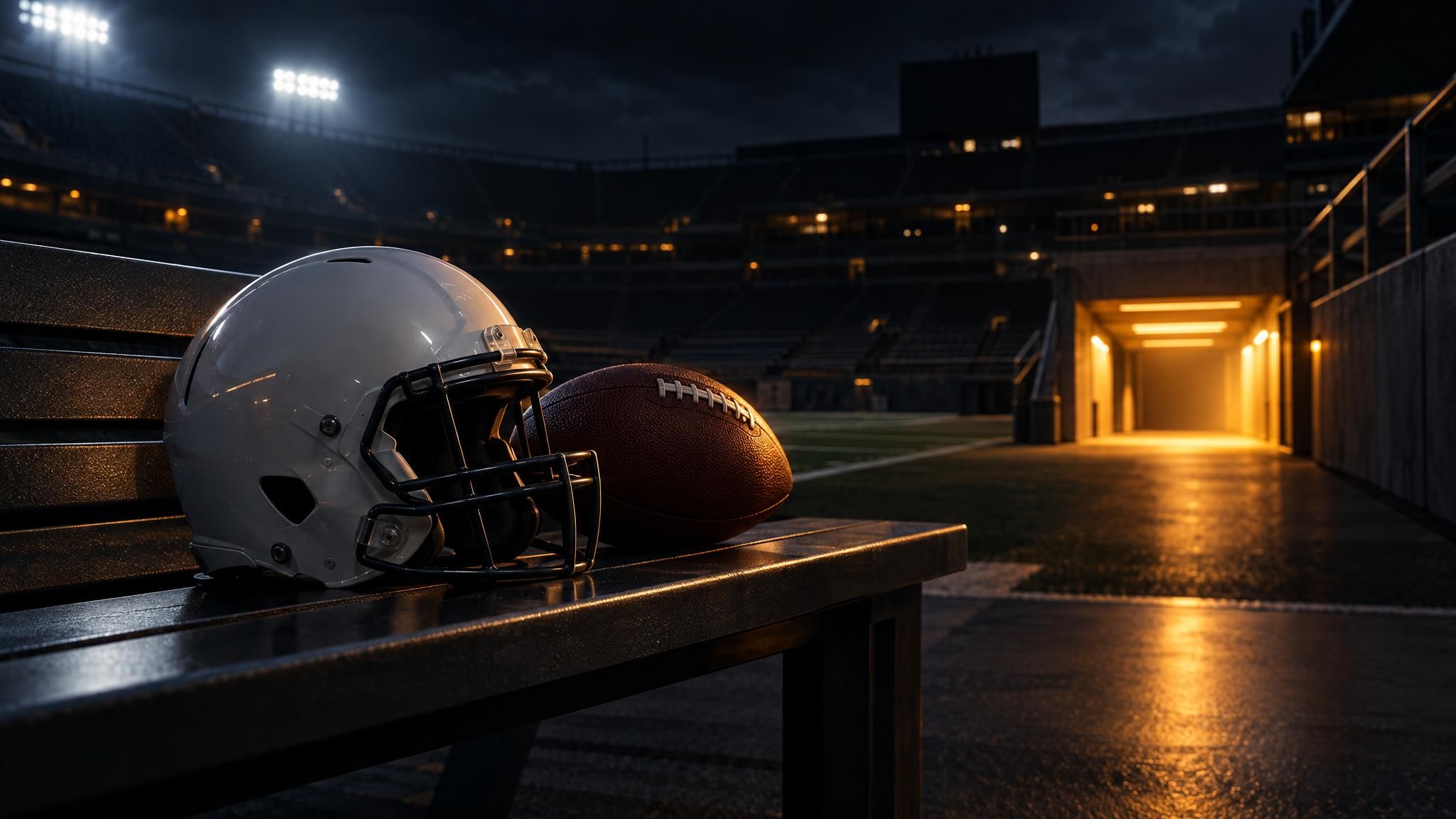 Unbeschrifteter Footballhelm und Ball auf einer Bank vor einem beleuchteten Stadiontunnel