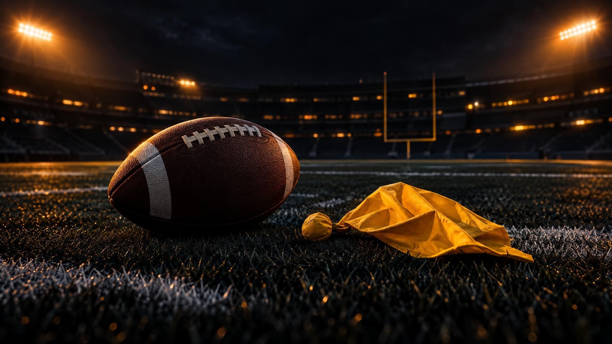 American Football und gelbe Schiedsrichterflagge auf dunklem Rasen im Stadionlicht