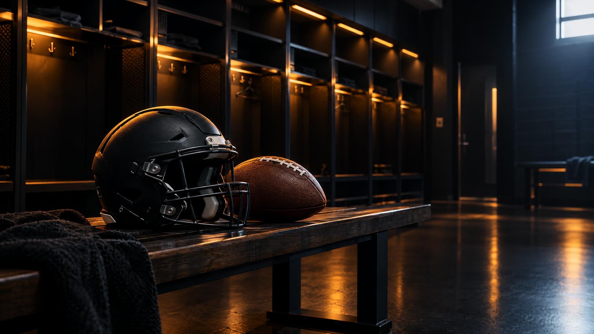 Football und neutraler Helm auf einer leeren Umkleidebank