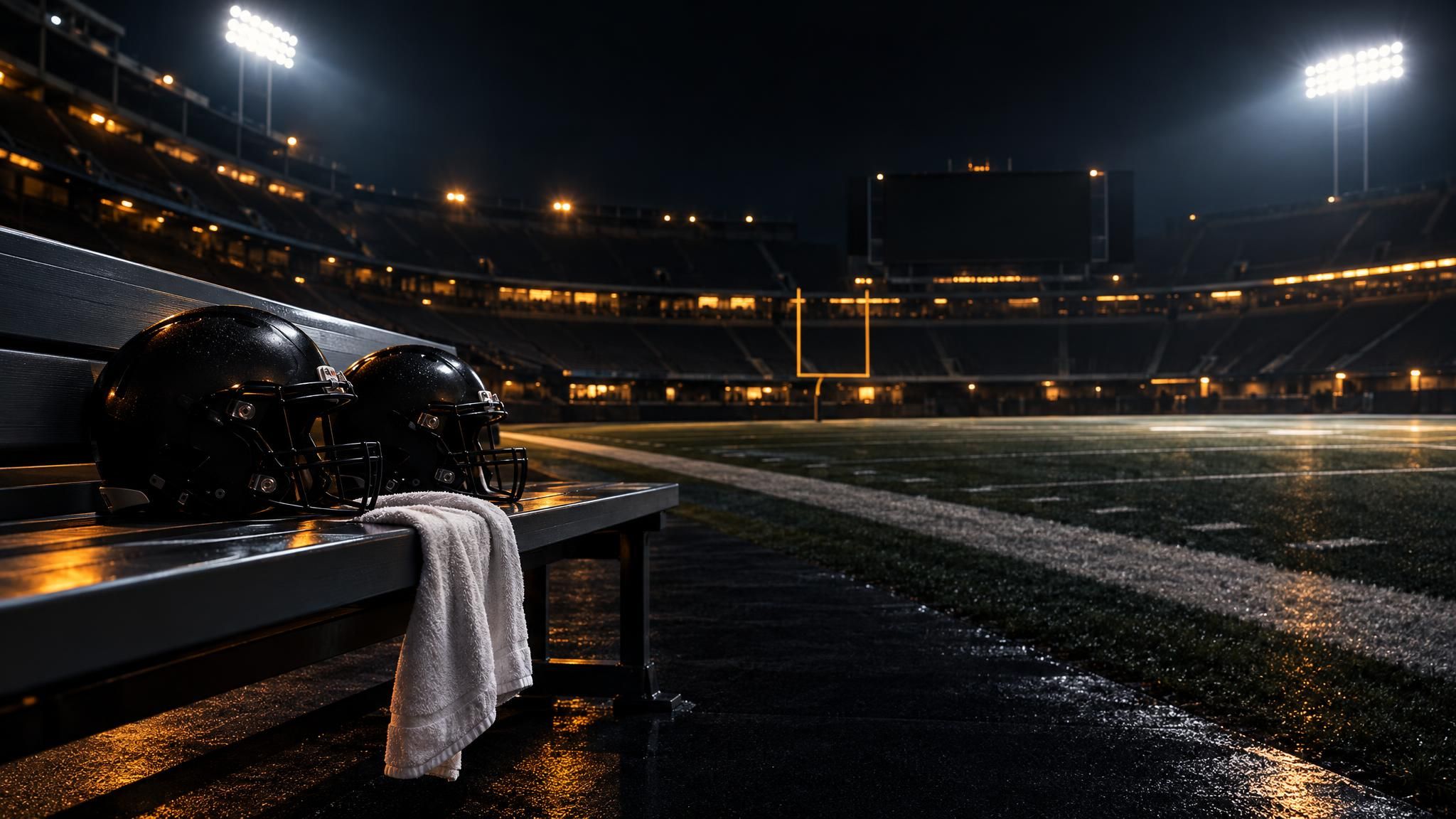 Zwei unmarkierte Footballhelme auf einer leeren Bank im Stadion bei Nacht