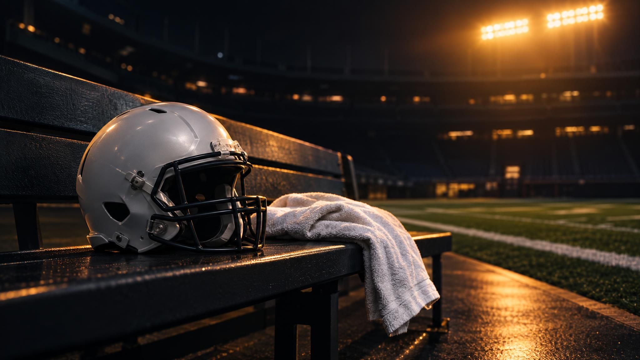 Unmarkierter Football-Helm und weißes Handtuch auf einer Bank im dunklen Stadion