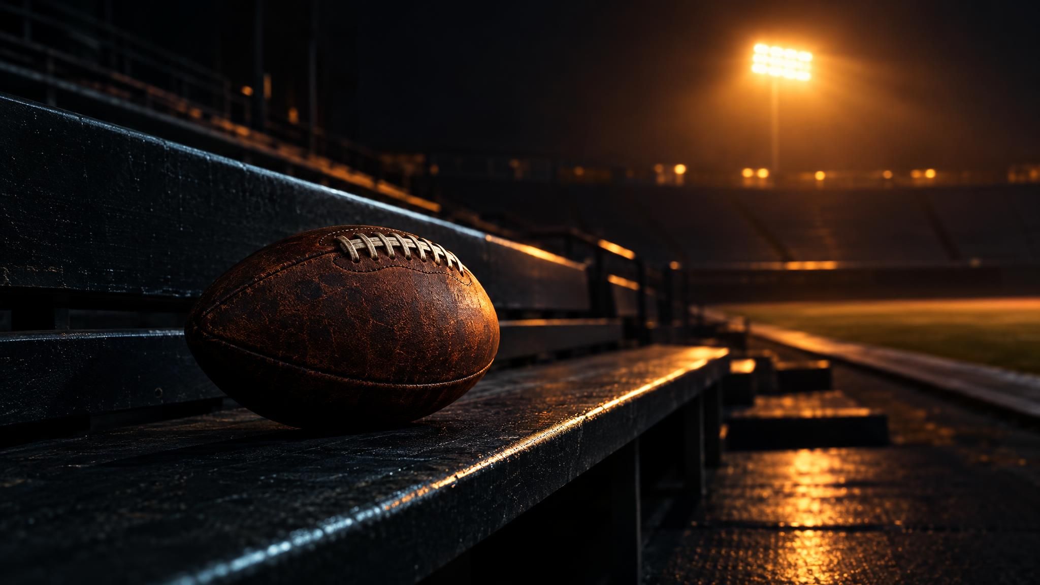 Ein Football auf einer leeren Stadionbank im warmen Flutlicht.