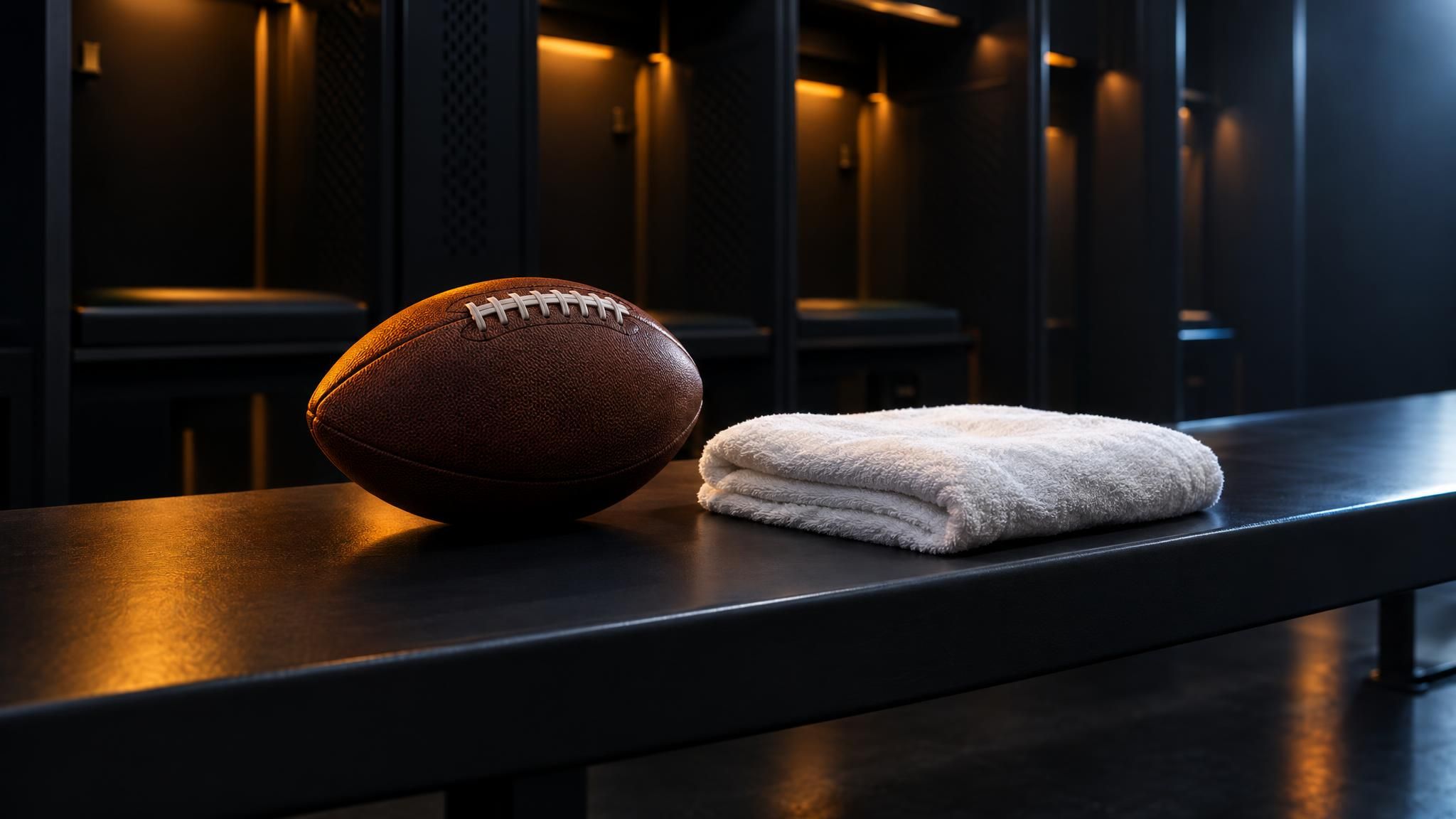 American Football und weißes Handtuch auf einer leeren Umkleidebank