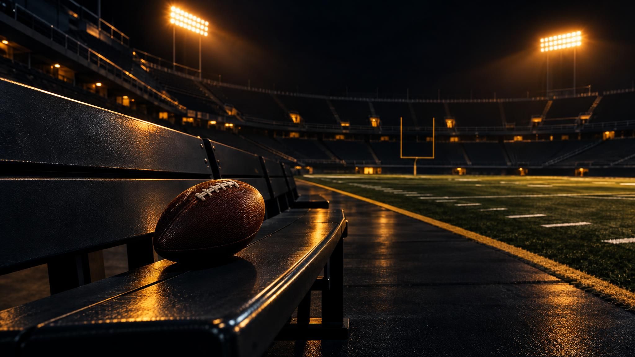 American Football auf einer leeren Bank im dunklen Stadion