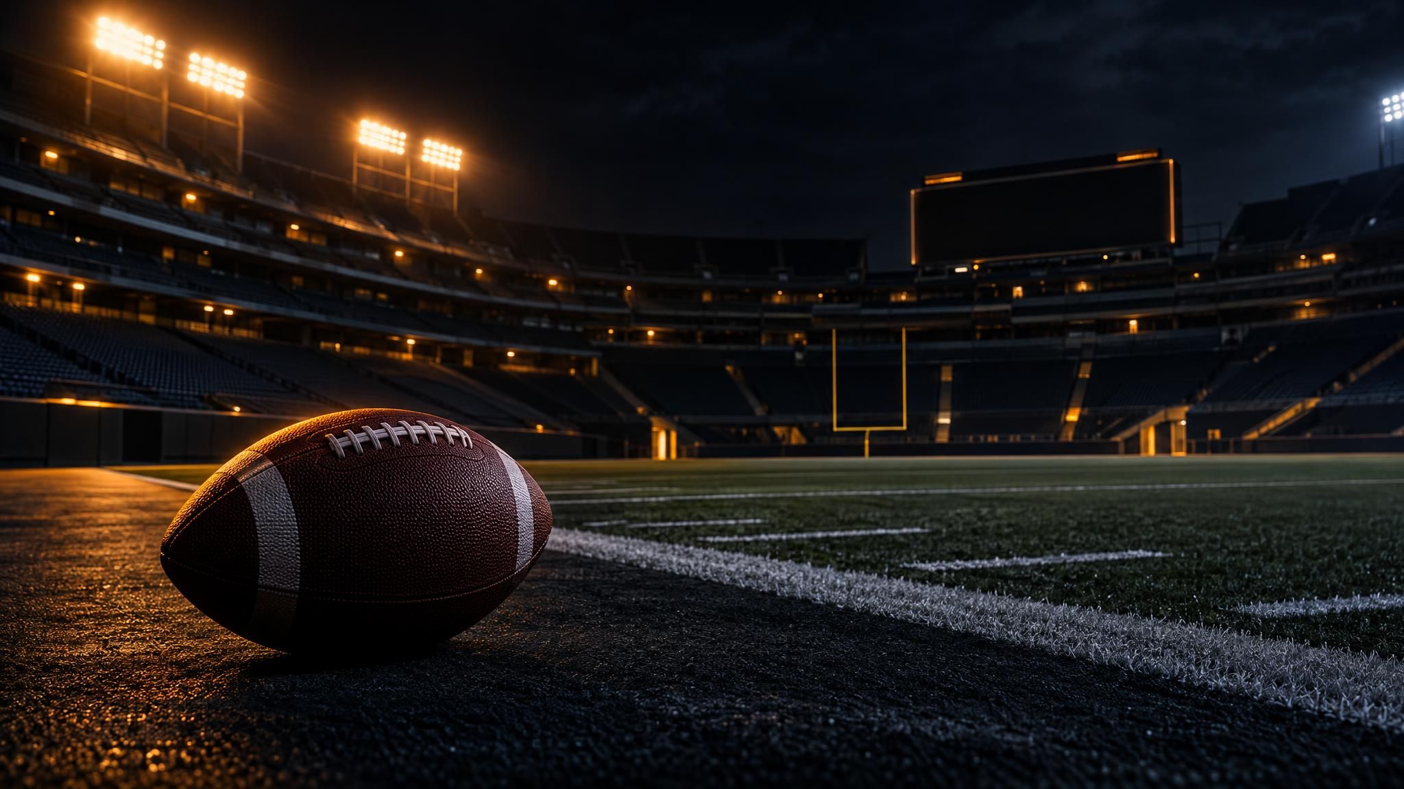 Football am Rand eines beleuchteten Spielfelds bei Nacht
